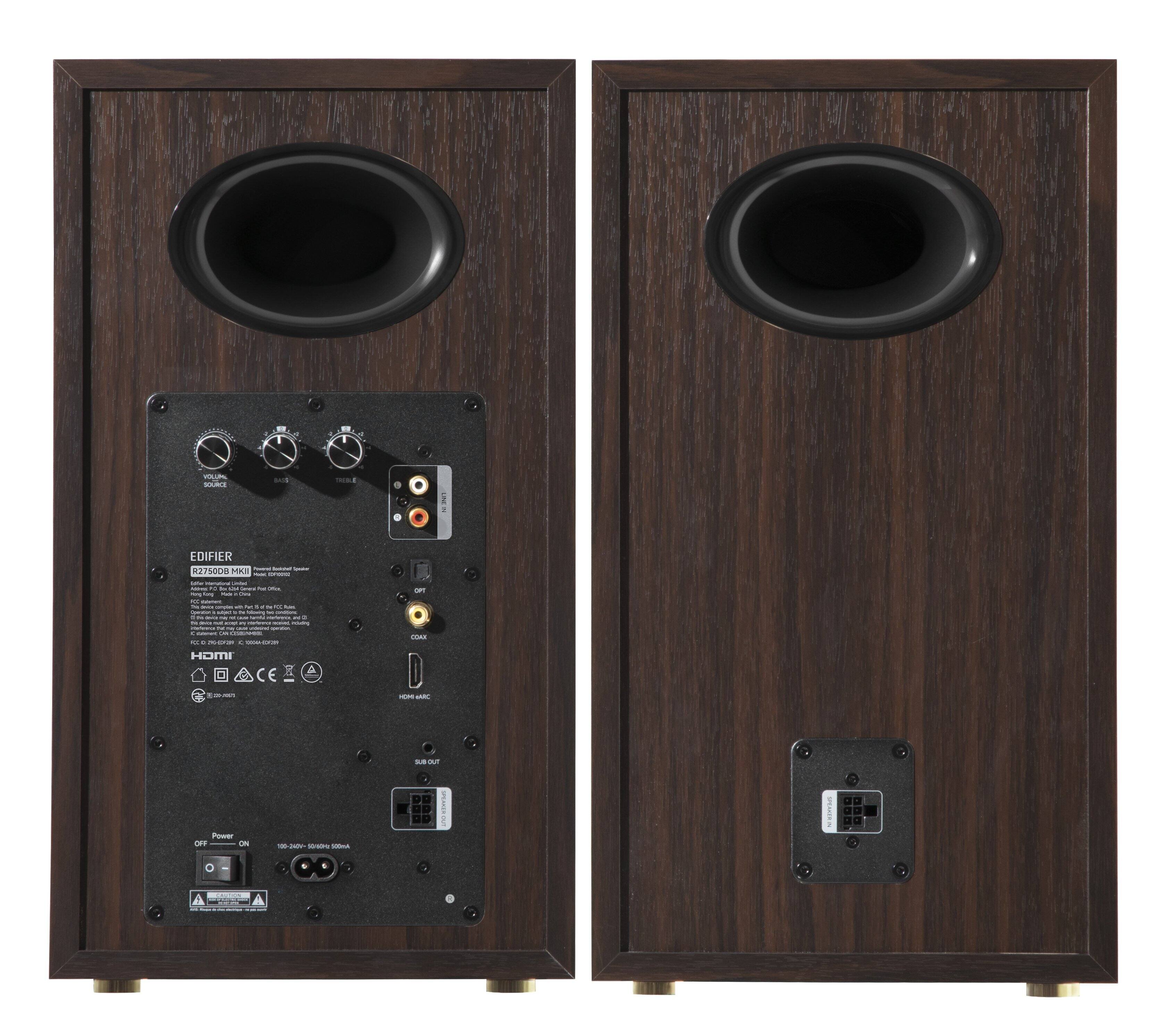 EDIFIER  
R2750DB MKII  

VOLUME  
TREBLE  
BASS  

HDMI  
OPT  
COAX  
PHONO IN  

POWER  
OFF  
ON  

5.1 OUT  

HDMI  

CE  

SA OUT  

110-240V~ 50/60Hz 30W  

EDIFIER