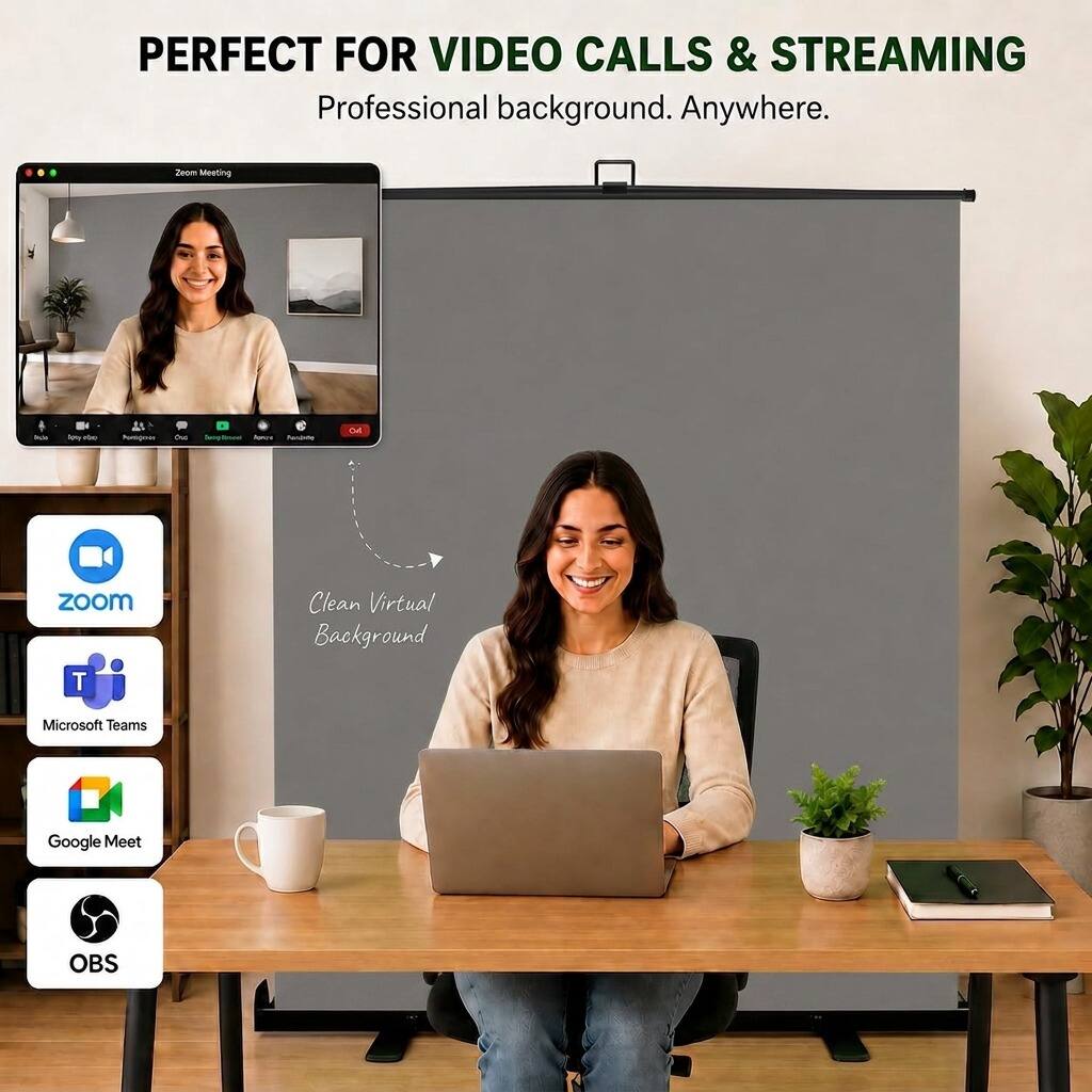 PERFECT FOR VIDEO CALLS & STREAMING  
Professional background. Anywhere.

Zeom Meeting  
Recle  
by the  
Pontigenes  
Out  
Coop-book Appara Pendate  
NO  
ZOOM  
Clean Virtual Background  
T  
Microsoft Teams  
Google Meet  
OBS