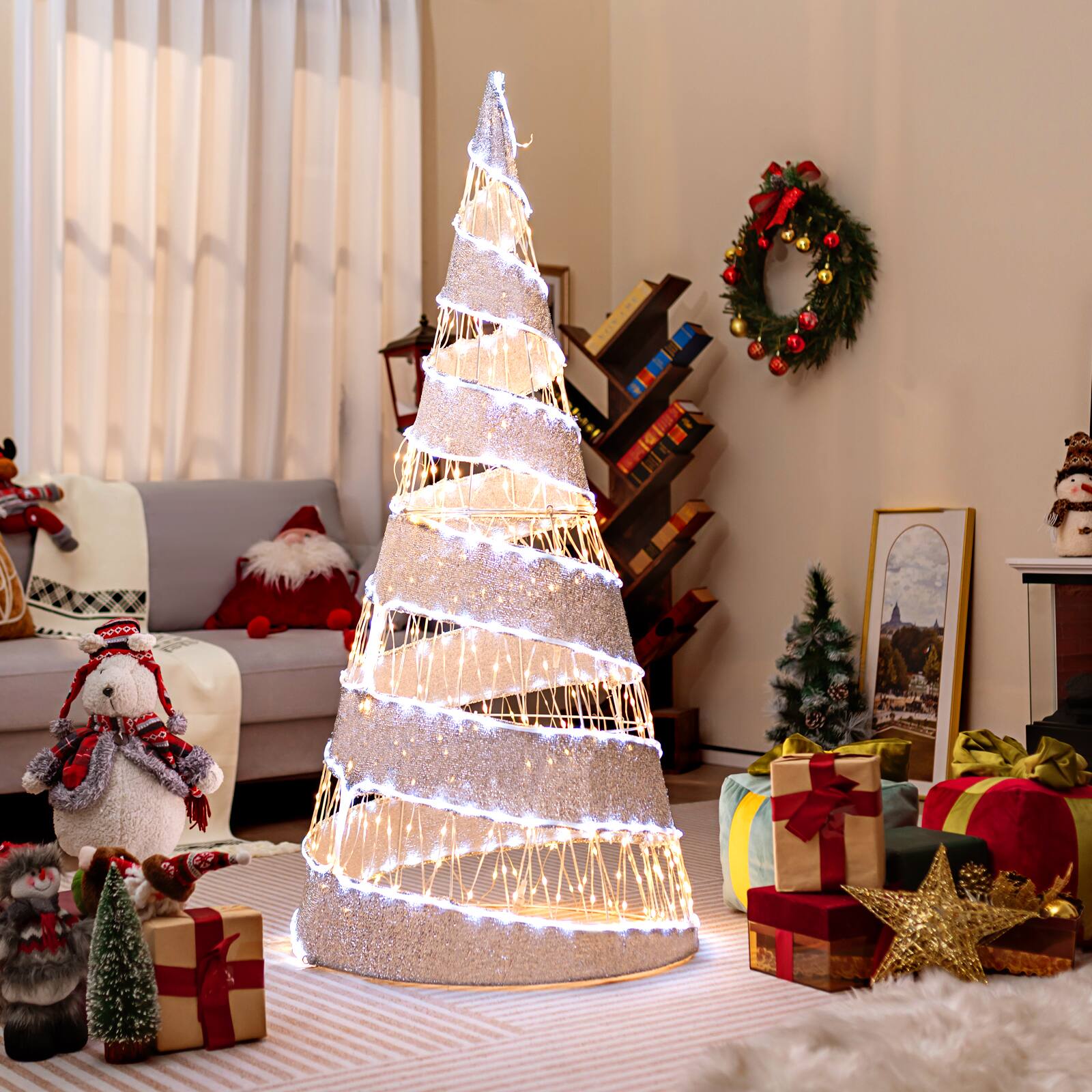 Alt View 11. Costway - 5FT Pre-lit Christmas Cone Tree with 300 Warm White & 250 Cold White LED Lights - White / Silver.