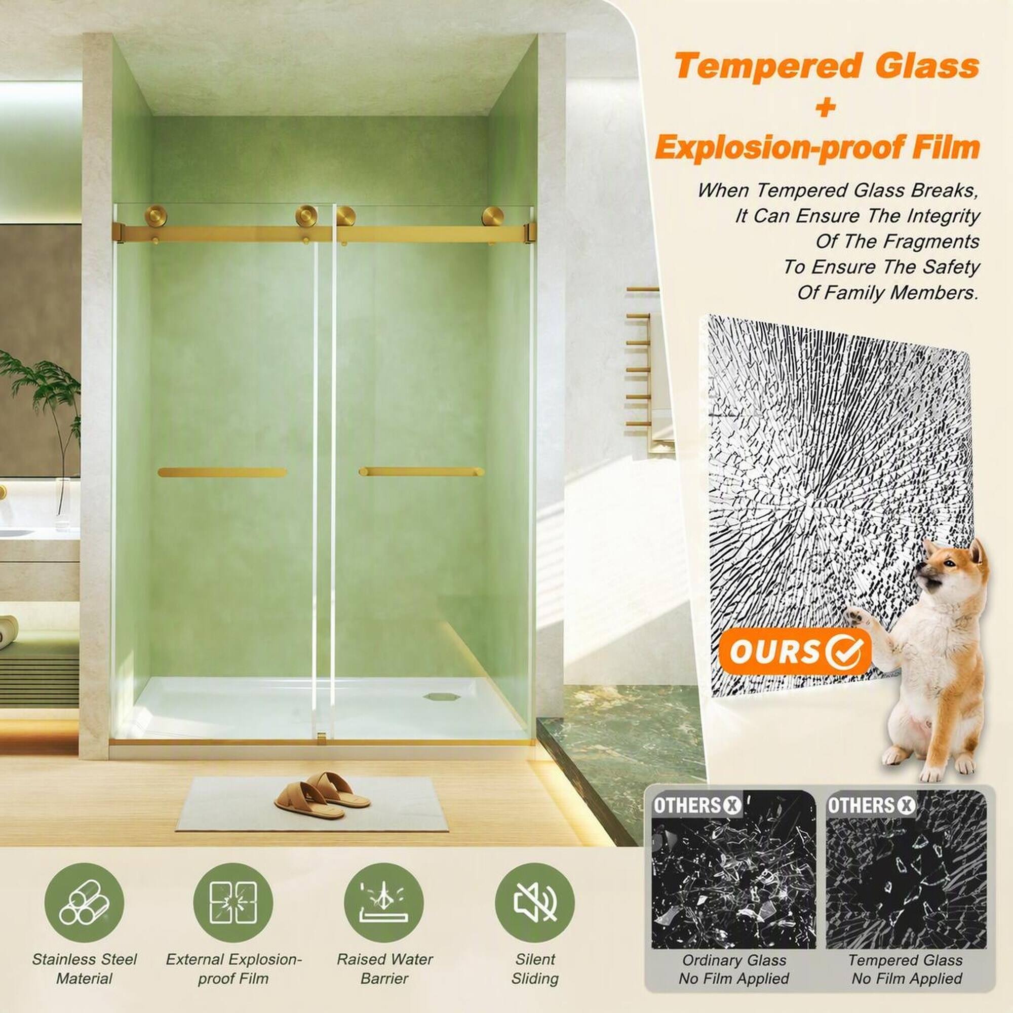 Tempered Glass + Explosion-proof Film  
When Tempered Glass Breaks, It Can Ensure The Integrity Of The Fragments To Ensure The Safety Of Family Members.

OURS  
OTHERS X  
OTHERS X

Stainless Steel External Explosion-proof Film  
Raised Water Barrier  
Silent Sliding

Ordinary Glass No Film Applied  
Tempered Glass No Film Applied
