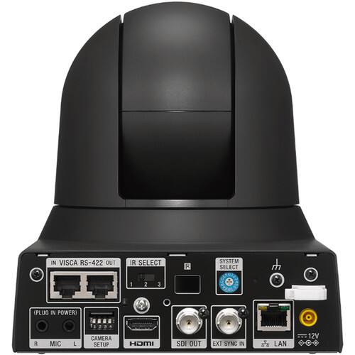 IN VISCA RS-422 OUT  
IR SELECT  
SYSTEM SELECT  
1 2 3  
(PLUG IN POWER)  
R MIC L  
CAMERA SETUP  
HDMI  
SDI OUT  
EXT SYNC IN  
LAN  
... 12V