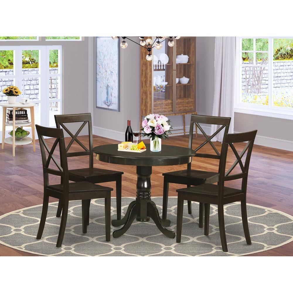 Back. East West Furniture - 5 Pc small Kitchen Table and Chairs set-round Kitchen Table and 4 Dining Chairs - Cappuccino.