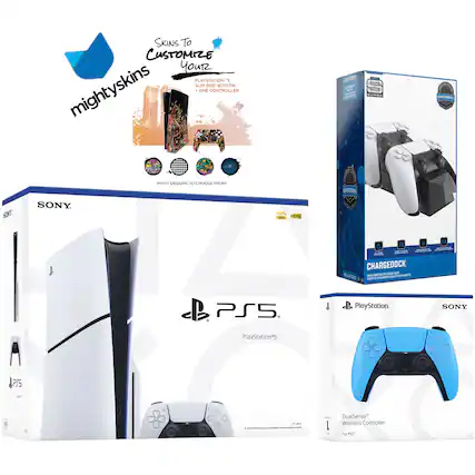 **mighty skins**
**Skins To Customize Your PS5 Slim Disc Edition**
**PlayStation 5 Slim Disc Edition**
**One Controller**
**Many Designs To Choose From!**
**SONY**
**PlayStation 5**
**4K HDR**
**CHARGEDOCK**
**PlayStation**
**DualSense Wireless Controller**
**For PS5**
