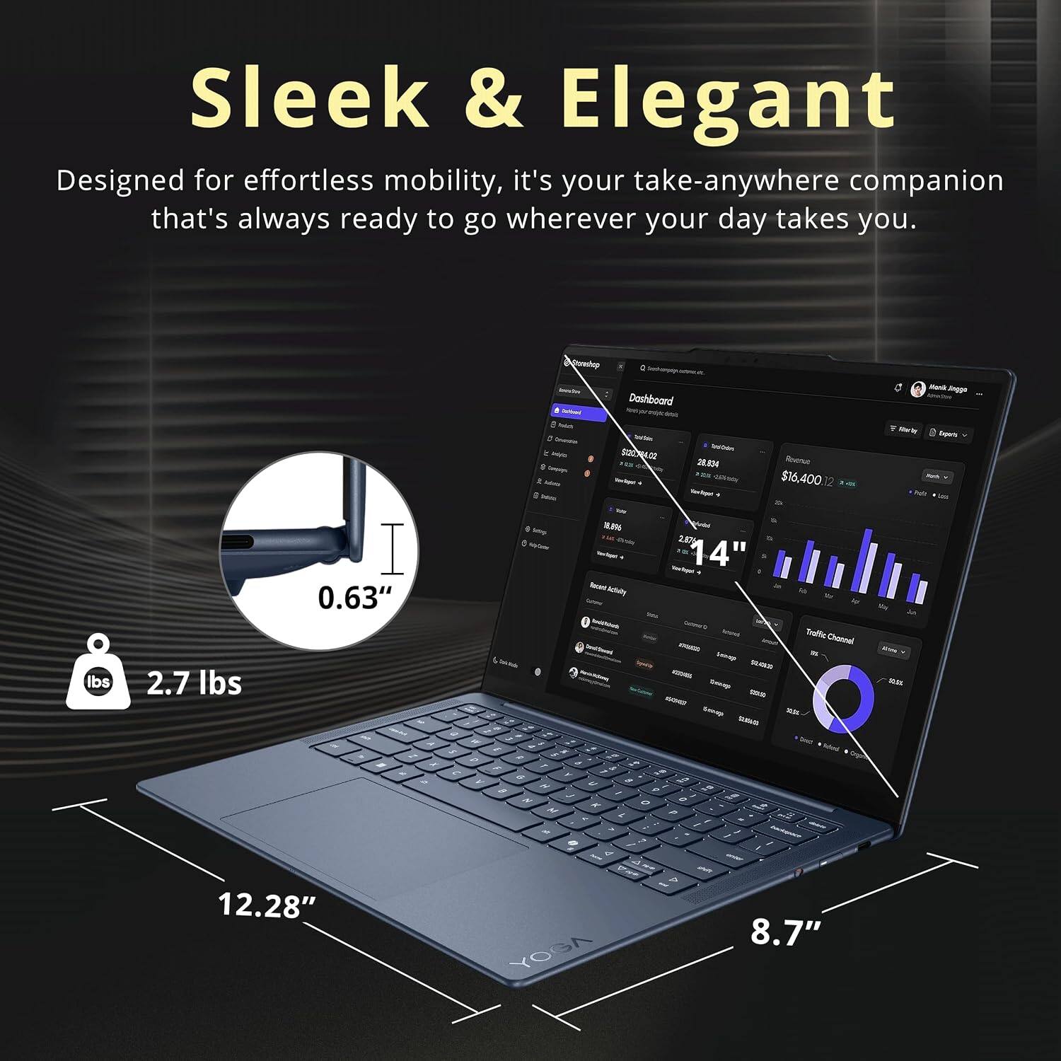 Sleek & Elegant  
Designed for effortless mobility, it's your take-anywhere companion that's always ready to go wherever your day takes you.

Kitoneshop  
0.63"  
2.7 lbs  
12.28"  
14"  
8.7"