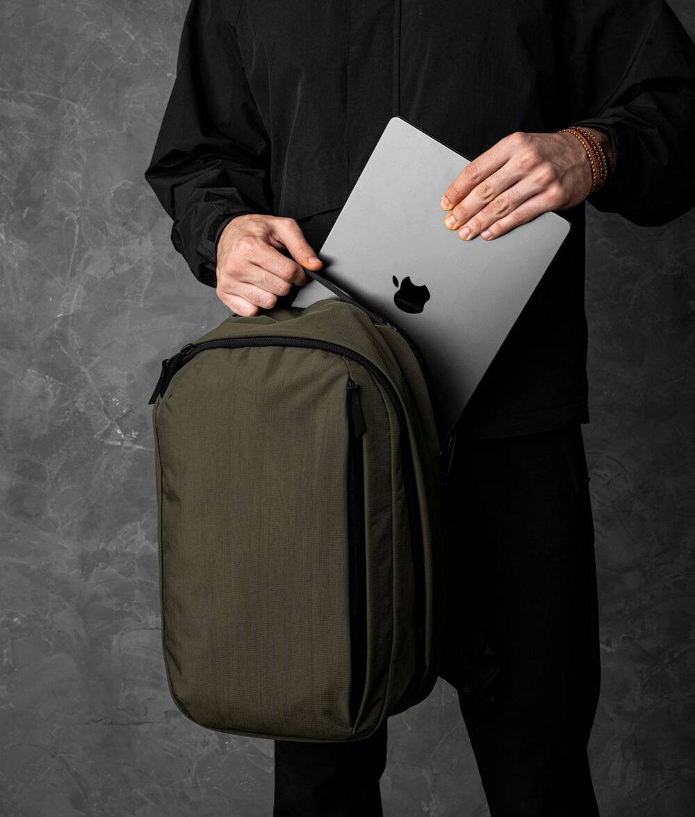 Back. ALPAKA - Metro Backpack Pro 24L Laptop Backpack for Men, Backpack with Laptop Compartment (16"), 3-Zone Storage - Green Axoflux 400D Ripstop Nylon.