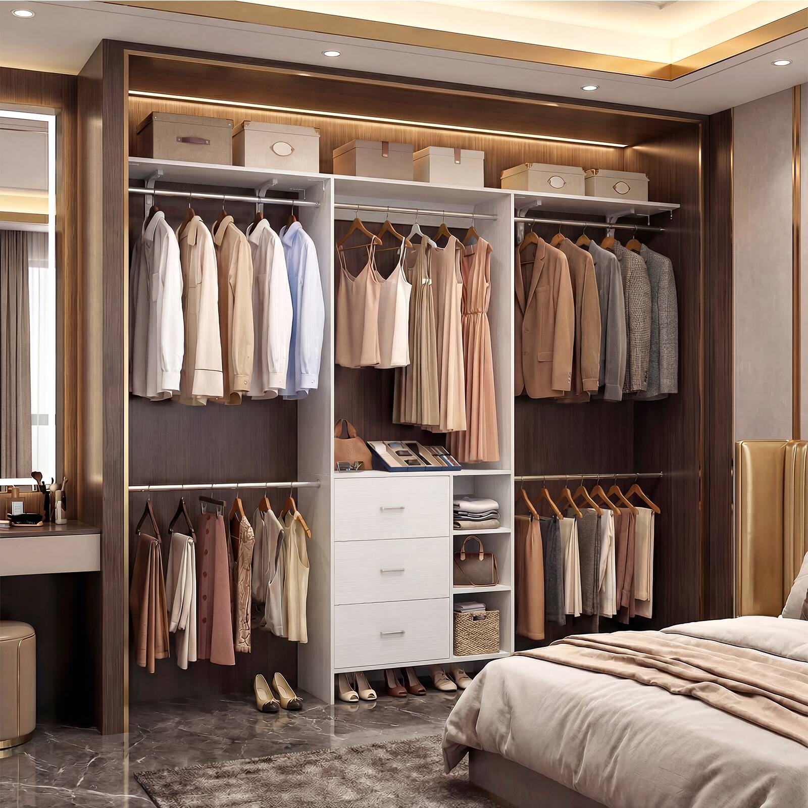 Left. Aheaplus - 96" Freestanding Closet Organizer: 3 Wood Drawers, Hanging Rods & Shelves. Adjustable (5.3-9ft) - White.