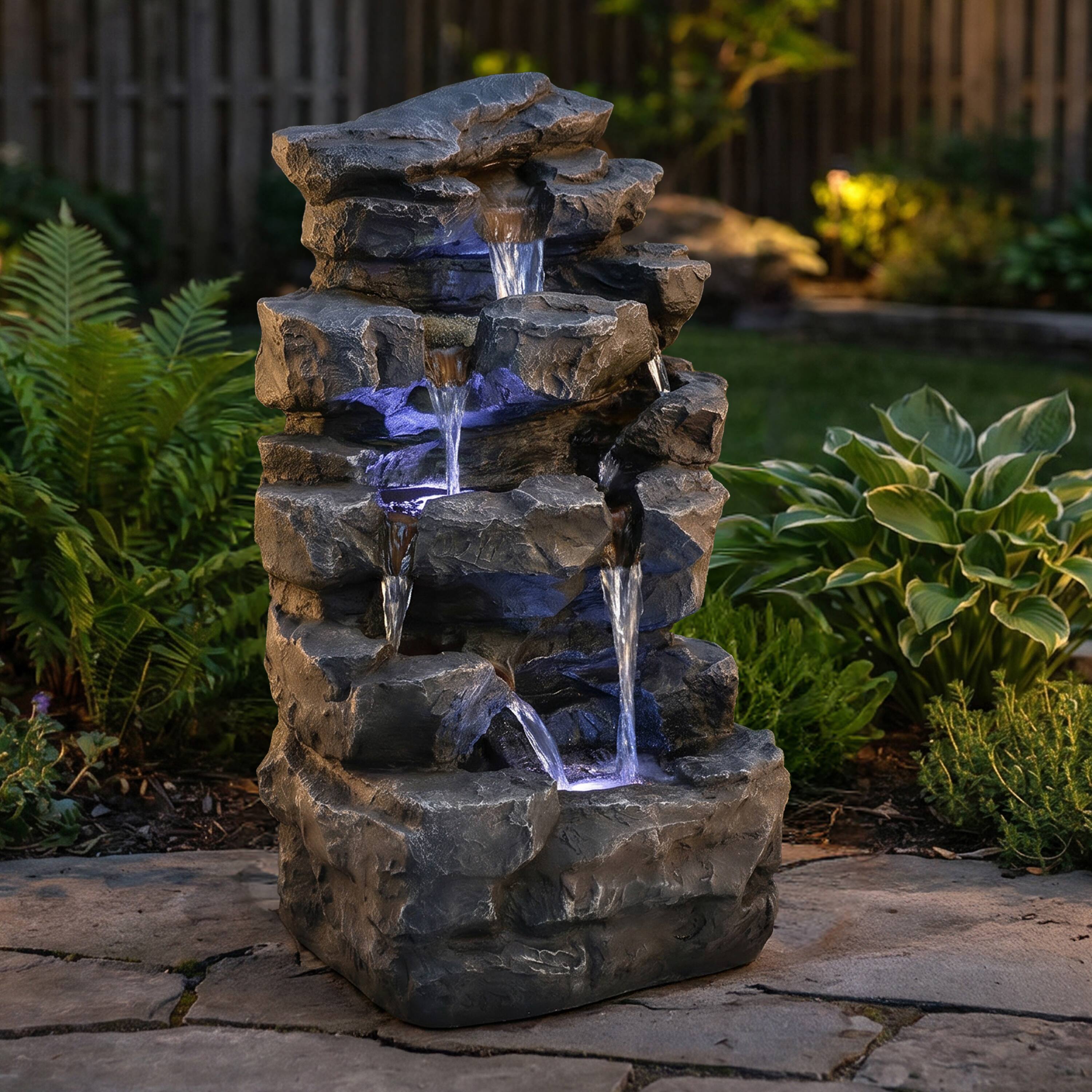 Alt View 9. Sunnydaze - Polyresin Grotto Falls Water Fountain with LED Lights - 24 in - Grey.