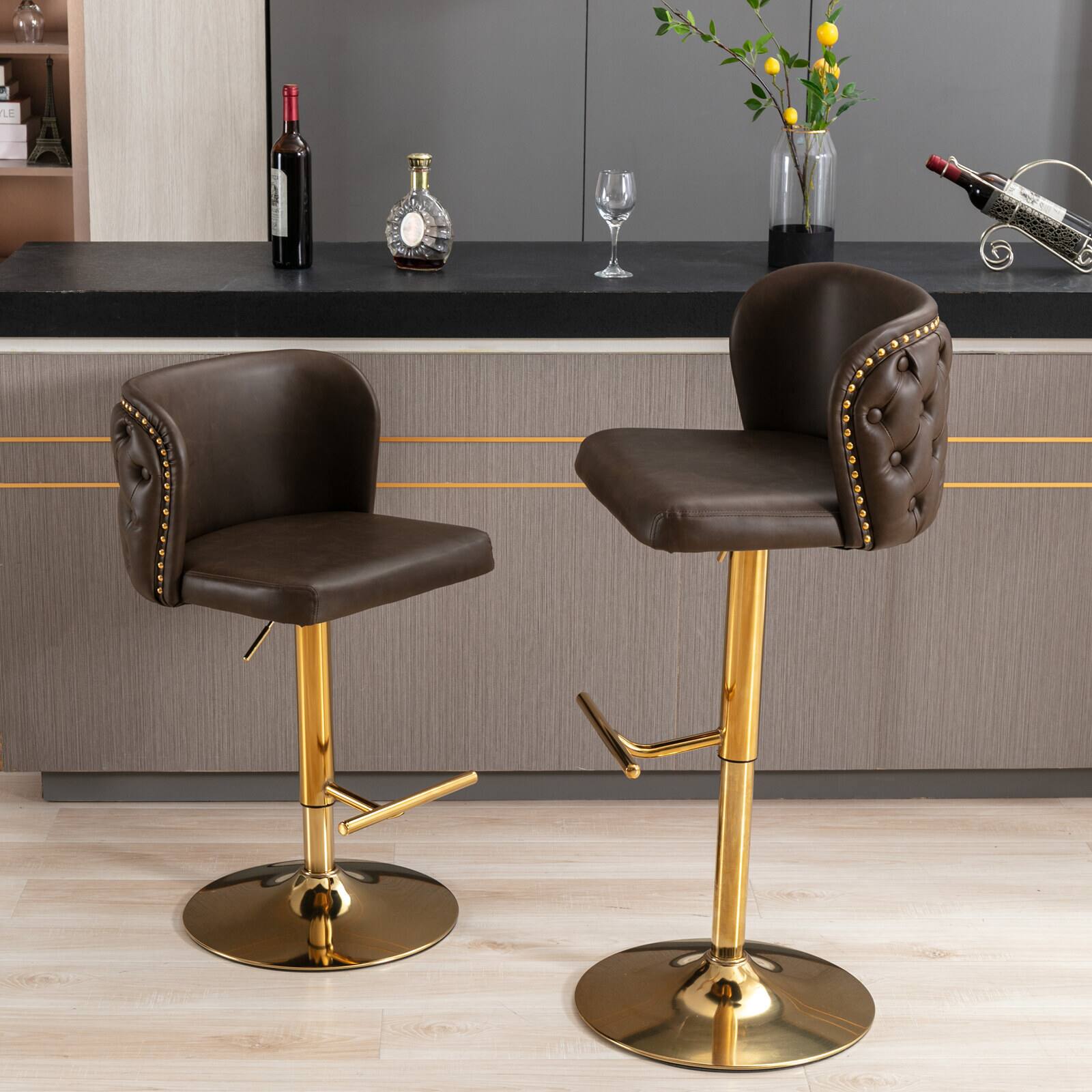 Alt View 2. Trinkets Crazed - Swivel Barstools Set of 2, Adjusatble Seat Height with Gold-Plating Base, Classic PU Upholstered Bar Stools - Brown.