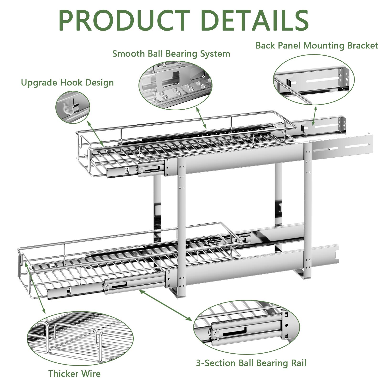 PRODUCT DETAILS

- Back Panel Mounting Bracket
- Smooth Ball Bearing System
- Upgrade Hook Design
- Thicker Wire
- 3-Section Ball Bearing Rail