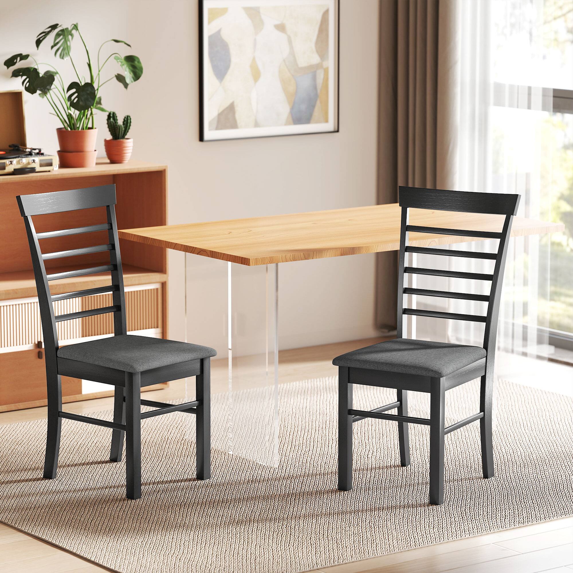 Alt View 1. Homcom - Wooden Dining Chairs Set of 2, Farmhouse Upholstered, Rubber Wood Frame - Black.