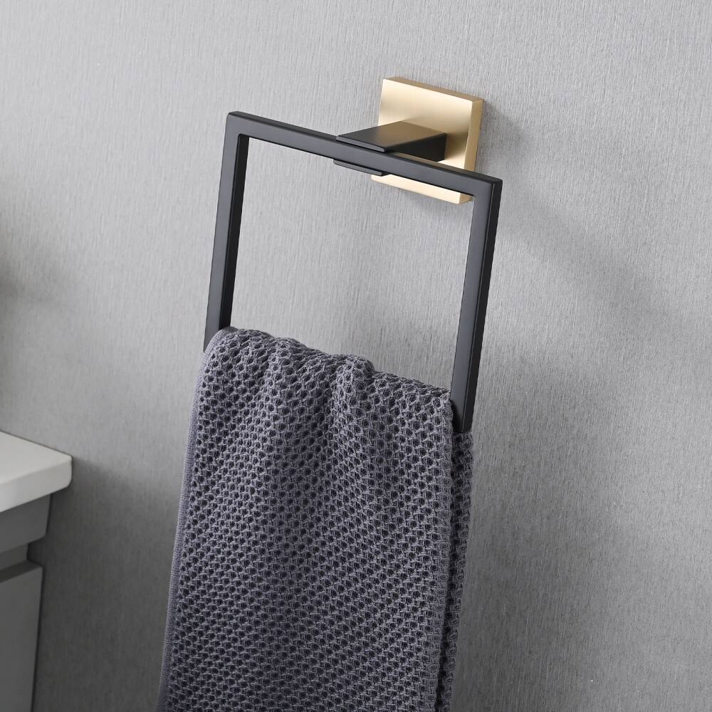 Alt View 1. JUJABU - 5-Piece Bathroom Set Towel Bar + Ring + Hooks + TP Holder, Black + Gold - Black + Gold.