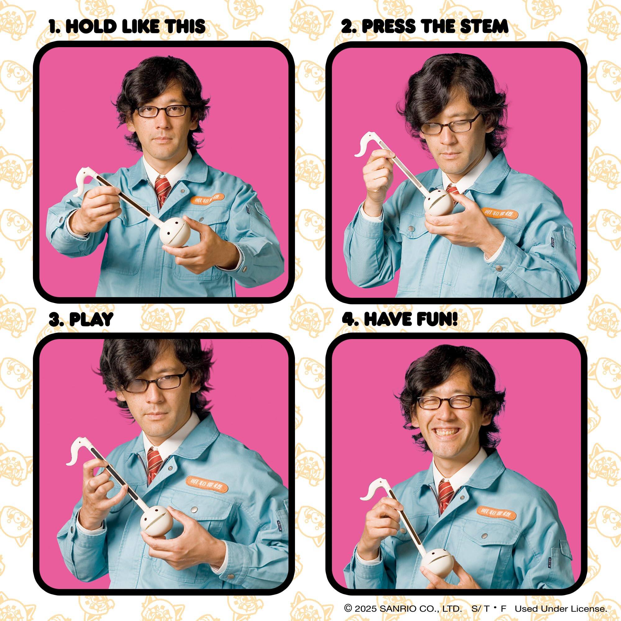 1. HOLD LIKE THIS  
2. PRESS THE STEM  
3. PLAY  
4. HAVE FUN!  

© 2025 SANRIO CO., LTD. S/T/F Used Under License.