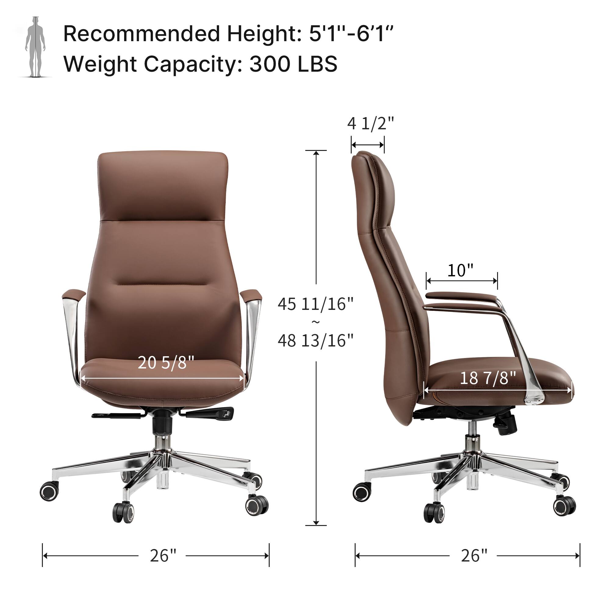 Recommended Height: 5'1"-6'1" Weight Capacity: 300 LBS

4 1/2"
10"
20 5/8"
45 11/16" - 48 13/16"
18 7/8"
26" - 26"