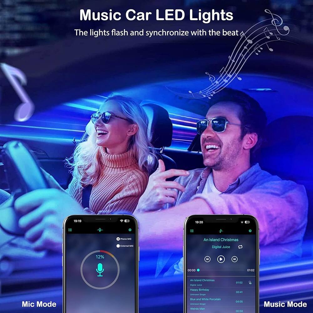 Music Car LED Lights  
The lights flash and synchronize with the beat  

Mic Mode  
19:19  
Phone MIC  
12%  

Music Mode  
19:20  
An Island Christmas  
Digital Juice  
00:00 / 01:02  
An Island Christmas  
Digital Juice  
Happy Birthday  
Unknown Singer  
Blue and White Porcelain  
Unknown Singer  
Weirdo Man  
00:58