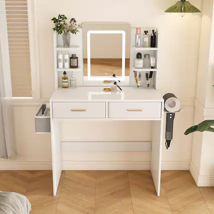 Front. GOODSILO - Elegant LED Illuminated Vanity Dressing Table with Adjustable Lighting and Storage Solutions - White.