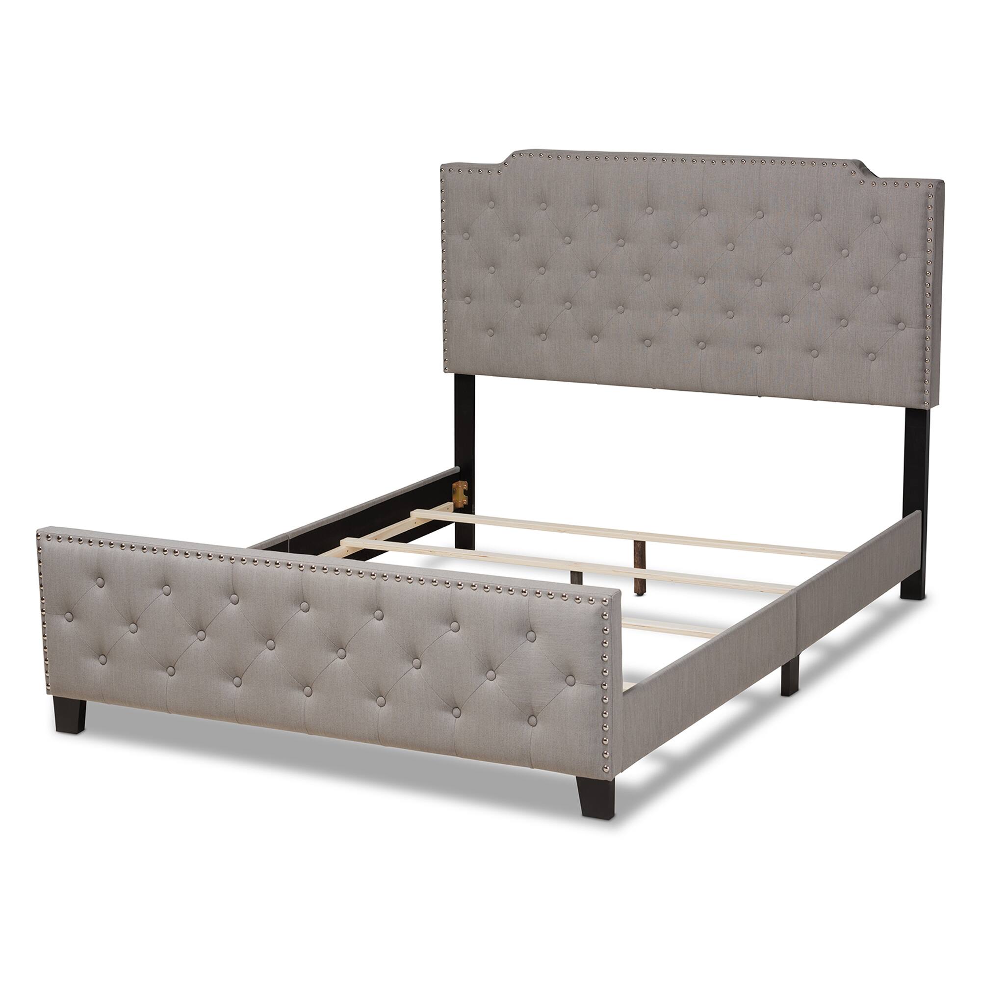 Left. Baxton Studio - Marion Modern Transitional Fabric Upholstered Button Tufted Full Size Panel Bed - Grey/Black.