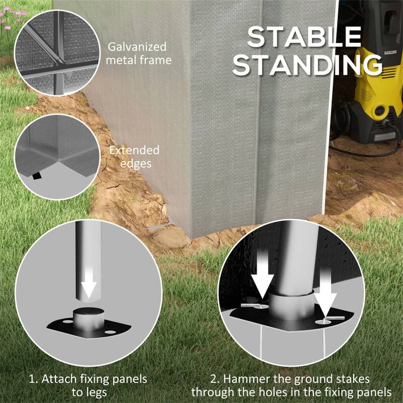 Galvanized metal frame  
Extended edges  

STABLE STANDING  

1. Attach fixing panels to legs  
2. Hammer the ground stakes through the holes in the fixing panels