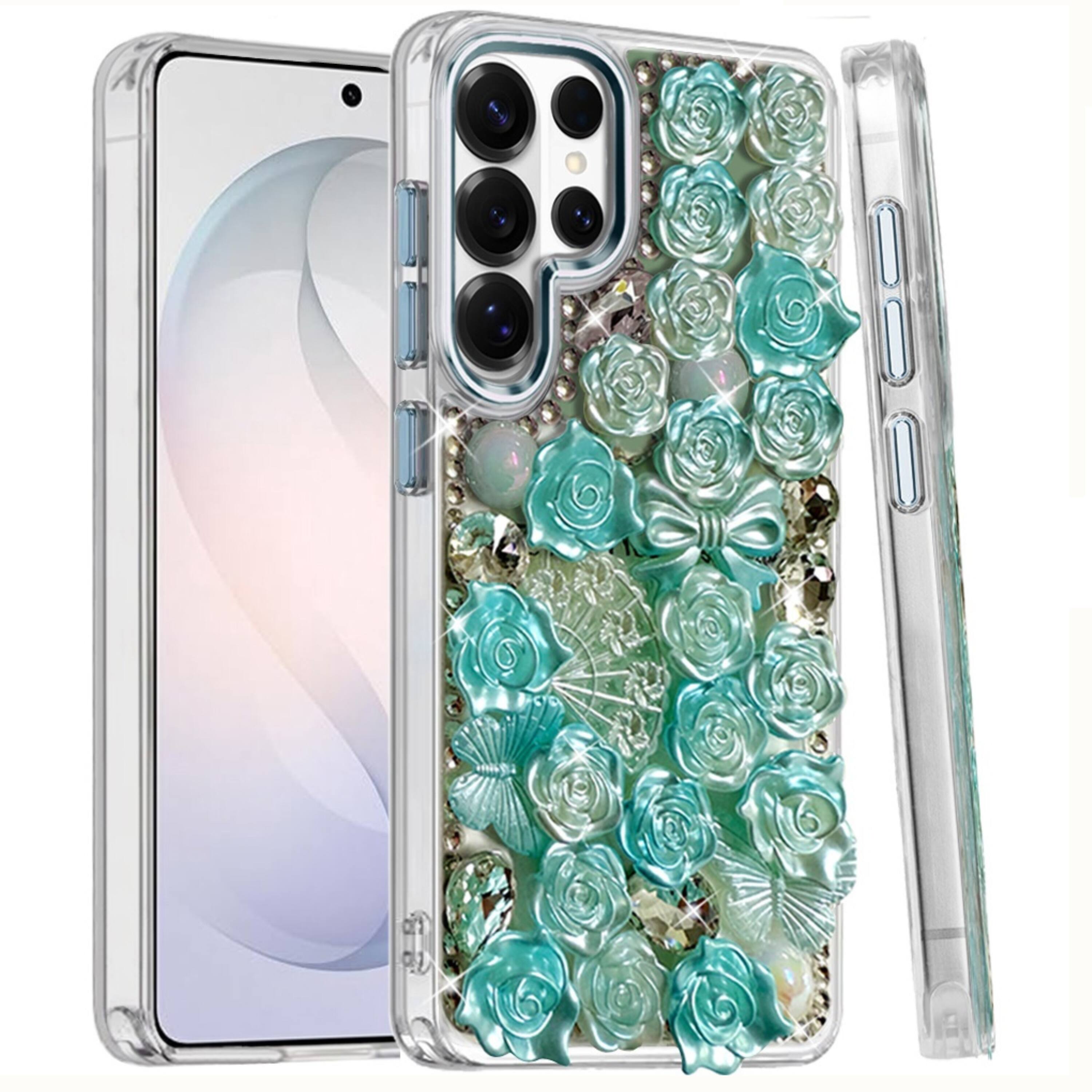Angle. Kitcheniva - 3D Rose Bling Case With Tempered Glass For Samsung S26 Ultra Blue - Blue.