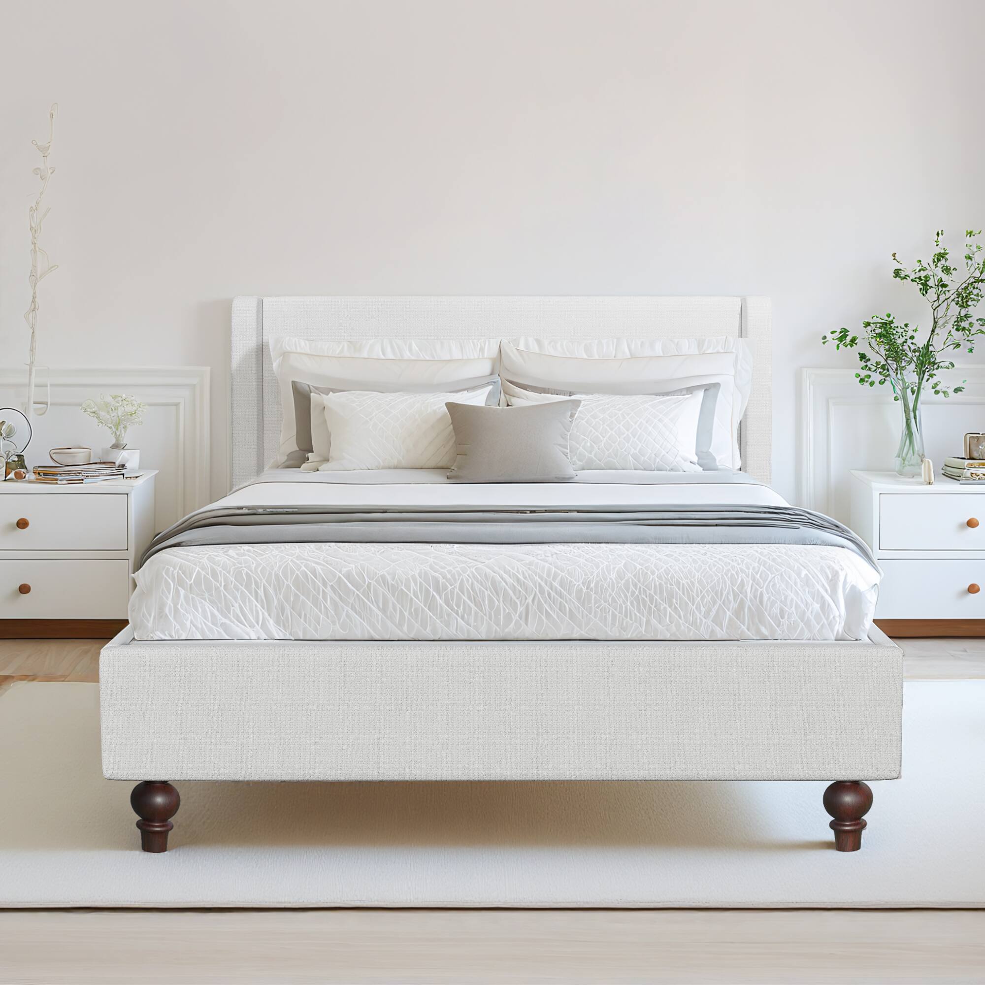 Alt View 7. KERDOM - Platform Bed Frame With Chenille High Headboard & Strong Legs, Tall Wingback, Noise-Free, 800lbs Capacity, Widen Side - White.