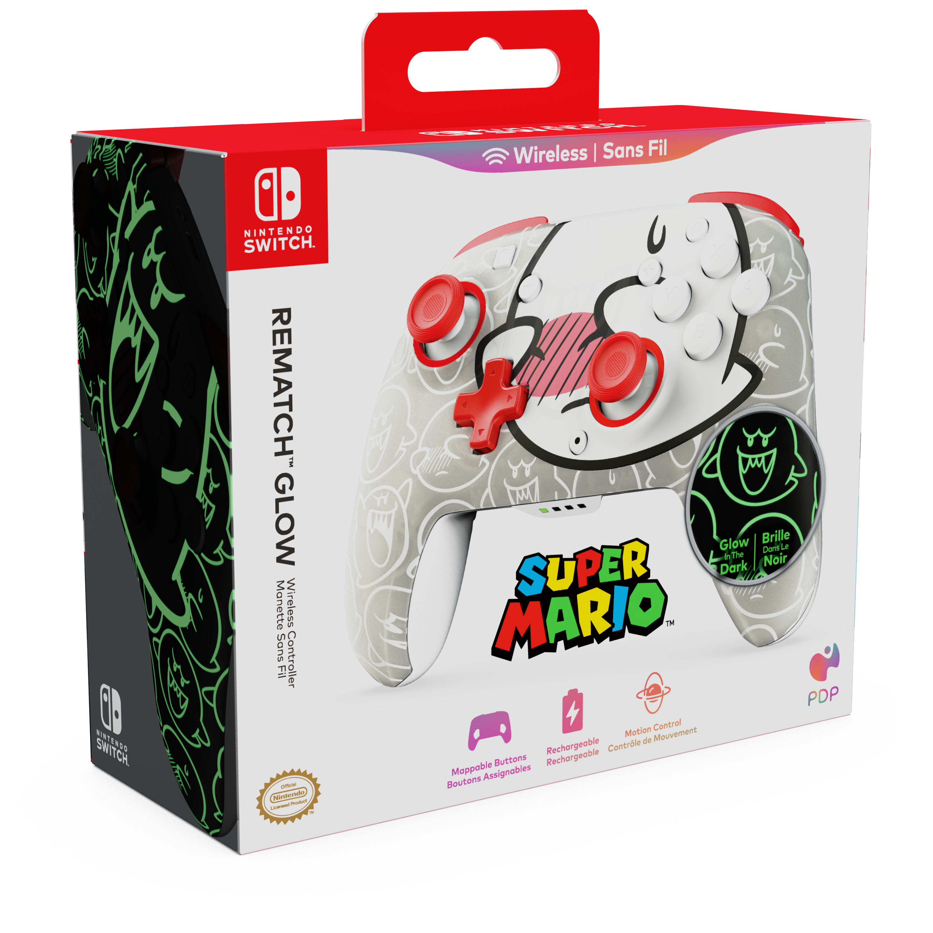 The text on the image reads: "Wireless | Sans Fil SWITCH EROS NINTENDO SWITCH. REMATCH GLOW Manette Wireless Sans Fil iia Alinateras - aan Glow Brille Dons'Le inThe Noir SUPER Dark MARIO IM PDP Motion Control de Mouvement Rechargeable Controle Buttons Rechargeable Moppable Assignables Boutons."