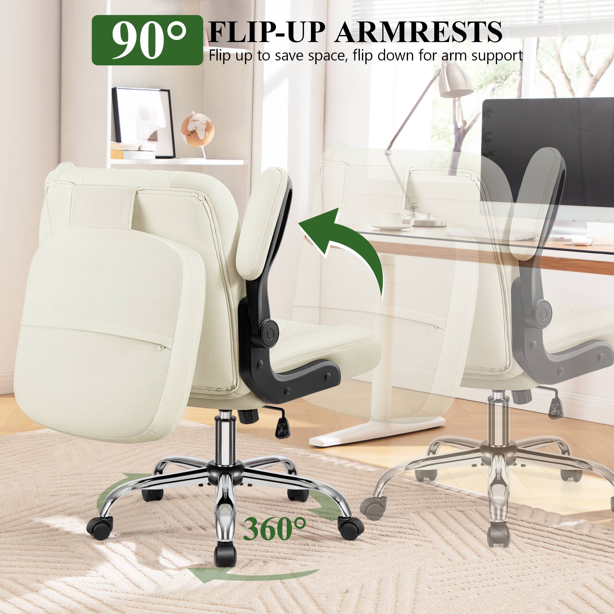 90° FLIP-UP ARMRESTS  
Flip up to save space, flip down for arm support  

360°
