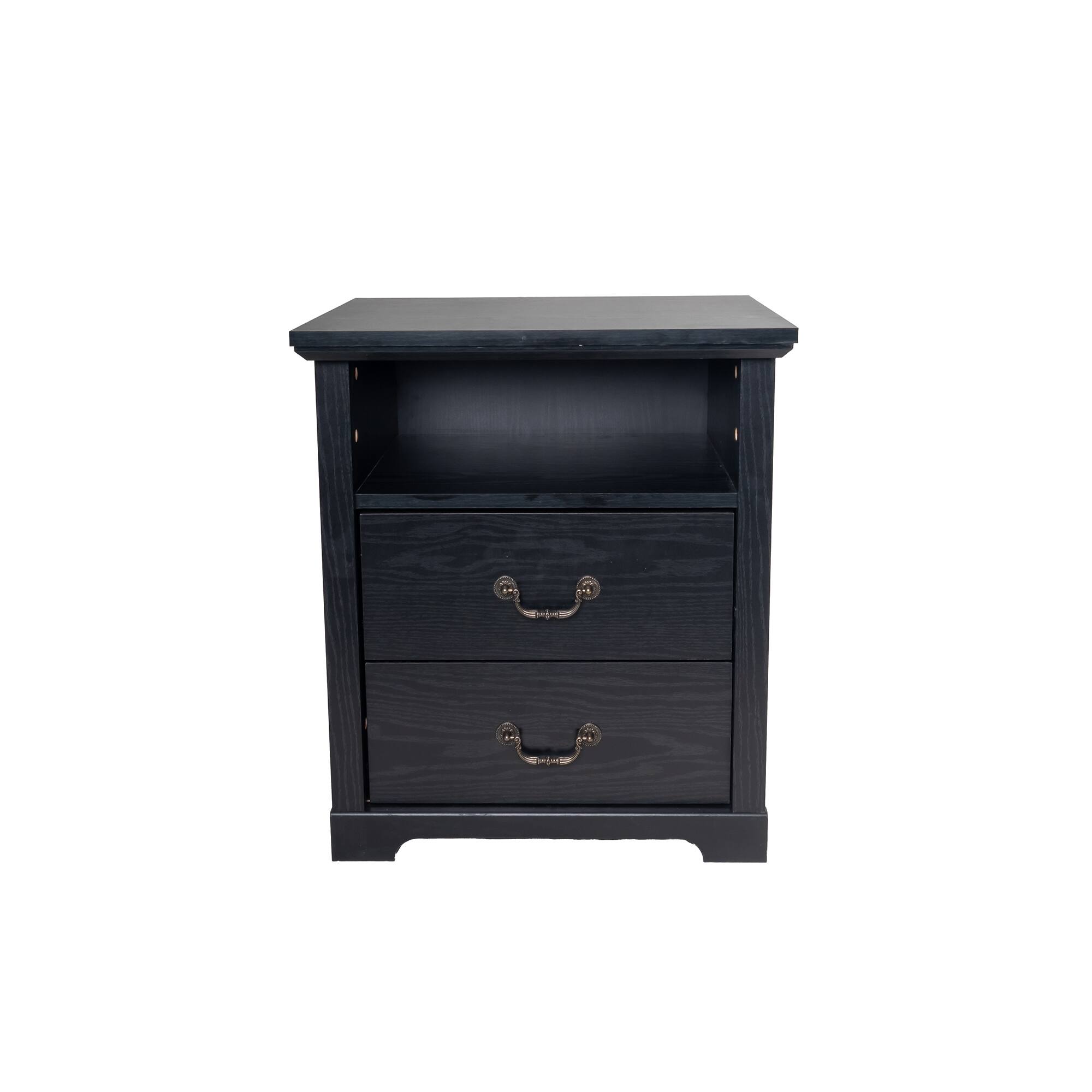 Alt View 1. Vaczon - Rustic Black Nightstand Bedside Table with Open Shelf and 2 Drawers - Black.