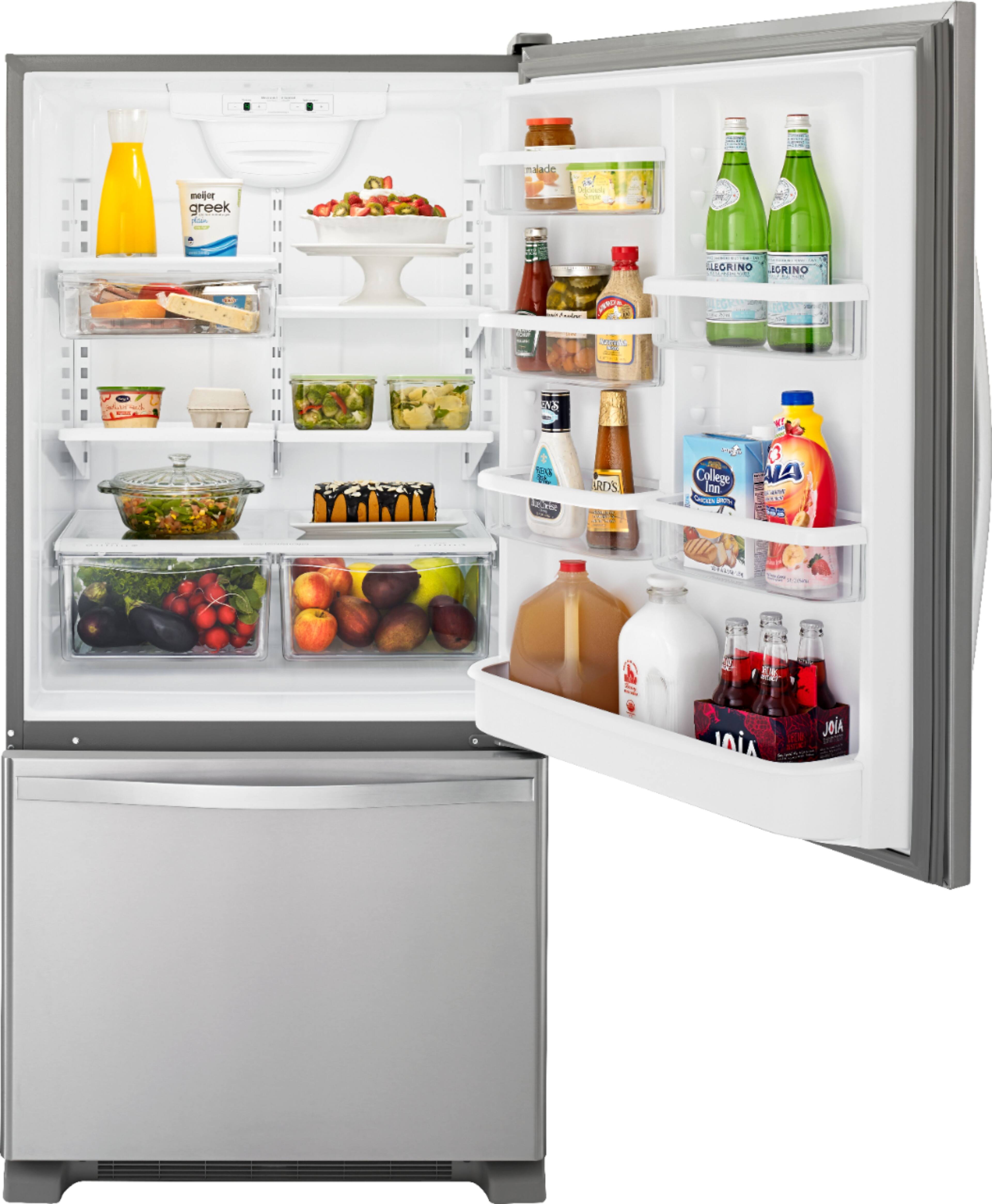 Left. Whirlpool - 18.7 Cu. Ft. Bottom-Freezer Refrigerator with Spillguard Glass Shelves - Monochromatic Stainless Steel.