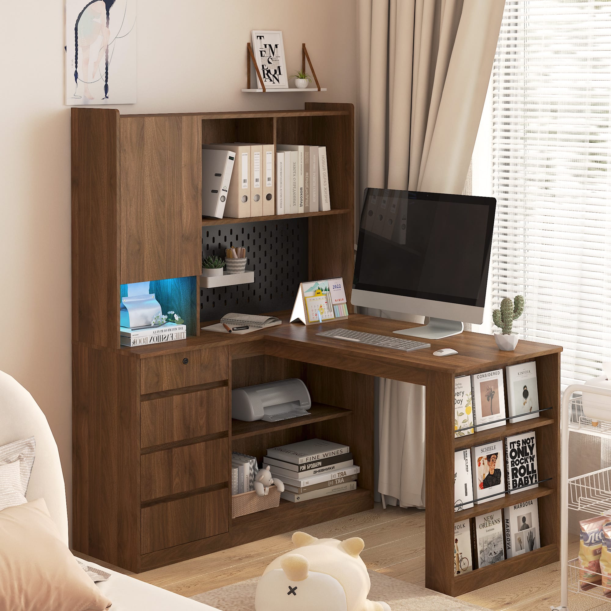 Tiramisubest - L Shaped Computer Desk with Drawers,Bookshelf,LED Light,Modern Corner Writing Desk,Home Office Desk with Storage - Wood