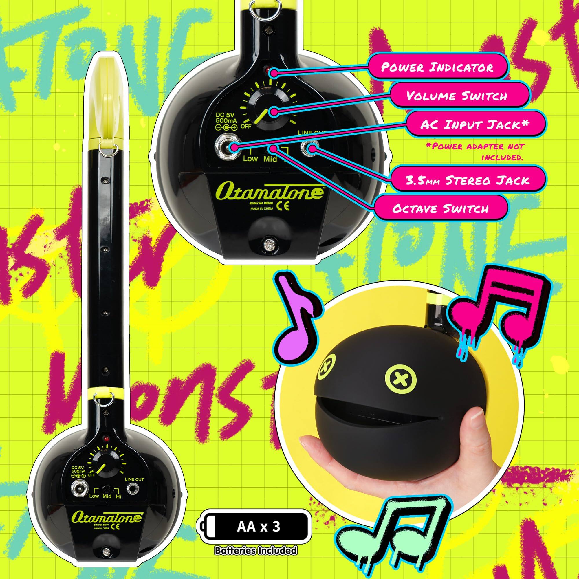 TRNE DC 5V SOOIA CO OFF LINE Low Mid Atamalone - - - -  CE s1 W 3 I ons 7.99 CIA C-0 ur LIE OUT POWER VOLUME AC INDICATOR INPUT SWITCH S1 JACK* *POWER ADAPTER NOT INCLUDED. 3.5MM STEREO JACK OCTAVE SWITCH x  Larwe Mins 2 Qtamalone CE AA x 3 Batteries Included
