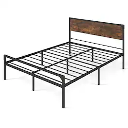 Costway - Platform Queen Bed with Rustic Headboard & Footboard Strong Metal Slat Support - Rustic Brown,Black
