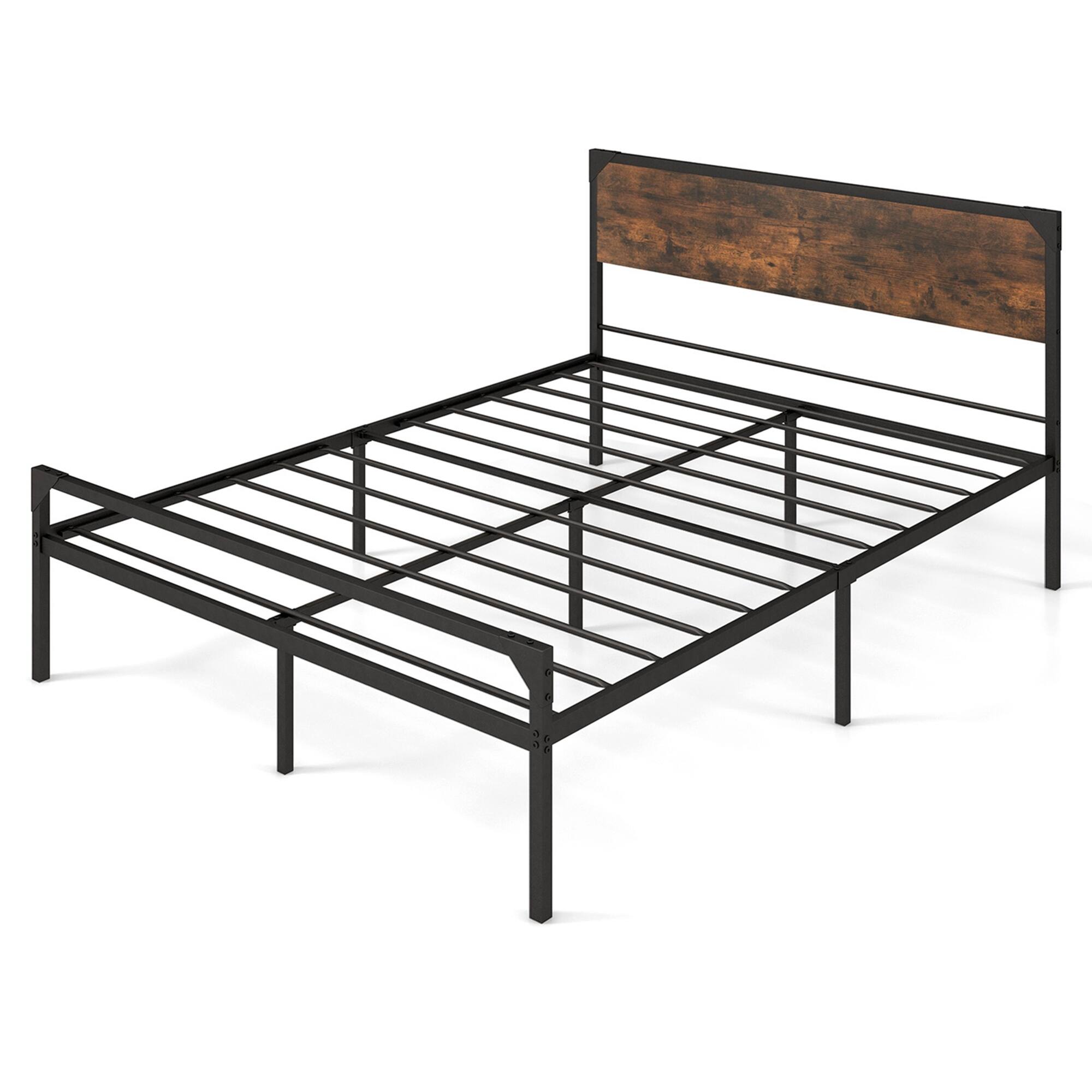Front. Costway - Costway Platform Queen Bed with Rustic Headboard & Footboard Strong Metal Slat Support - Rustic Brown,Black.
