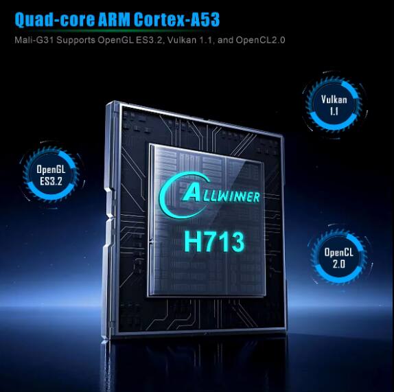 Quad-core ARM Cortex-A53  
Mali-G31 Supports OpenGL ES 3.2, Vulkan 1.1, and OpenCL 2.0  
ALLWINER H713