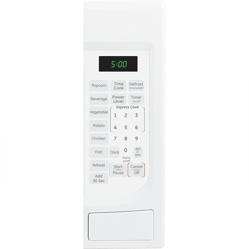 5:00  
Popcorn  
Time Cook  
Defrost time/weight  
Beverage  
Power Level  
Timer on/off  
Express Cook  
Vegetable  
1 2 3  
Potato  
4 5 6  
Chicken  
7 8 9  
Fish  
Clock  
Reheat  
Start  
Pause  
Add 30 Sec  
AM PM  
display on/off  
Cancel  
Off