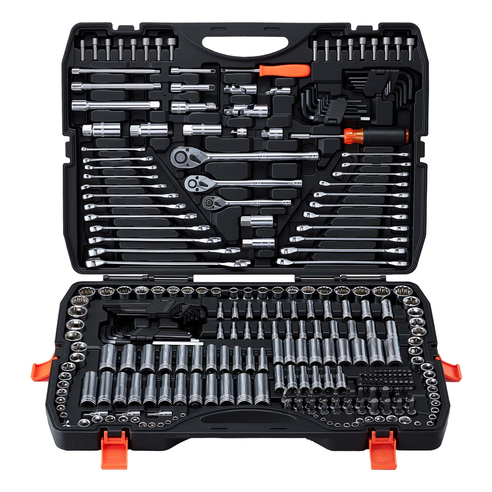 Front. VEVOR - Mechanics Tool Set, 308-Piece Mechanic Tool Kit, 1/4 in, 3/8 in, and 1/2 in Drive, SAE and Metric Socket Set, Wrenches - Black.