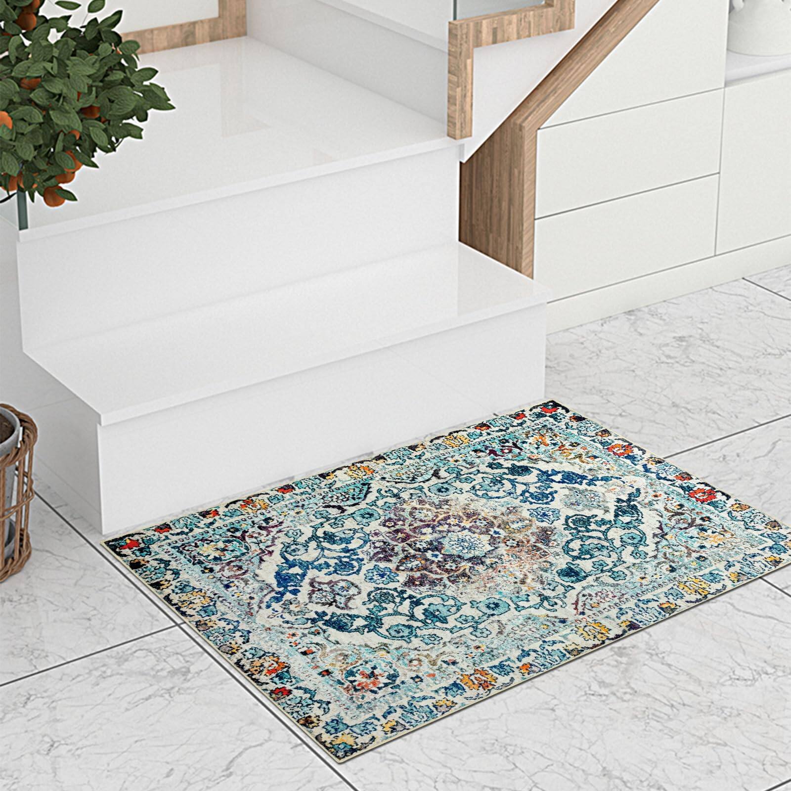 Front. Fabibe - 5X7 TEAL Easy Care Wool EASY-GOING AREA MEDALLION DISTRESSED WASHABLE FOR LIVING ROOM NON-SLIP BEDROOM LOW PILE - Vintage Multi 2' x 3' (Rectangular).