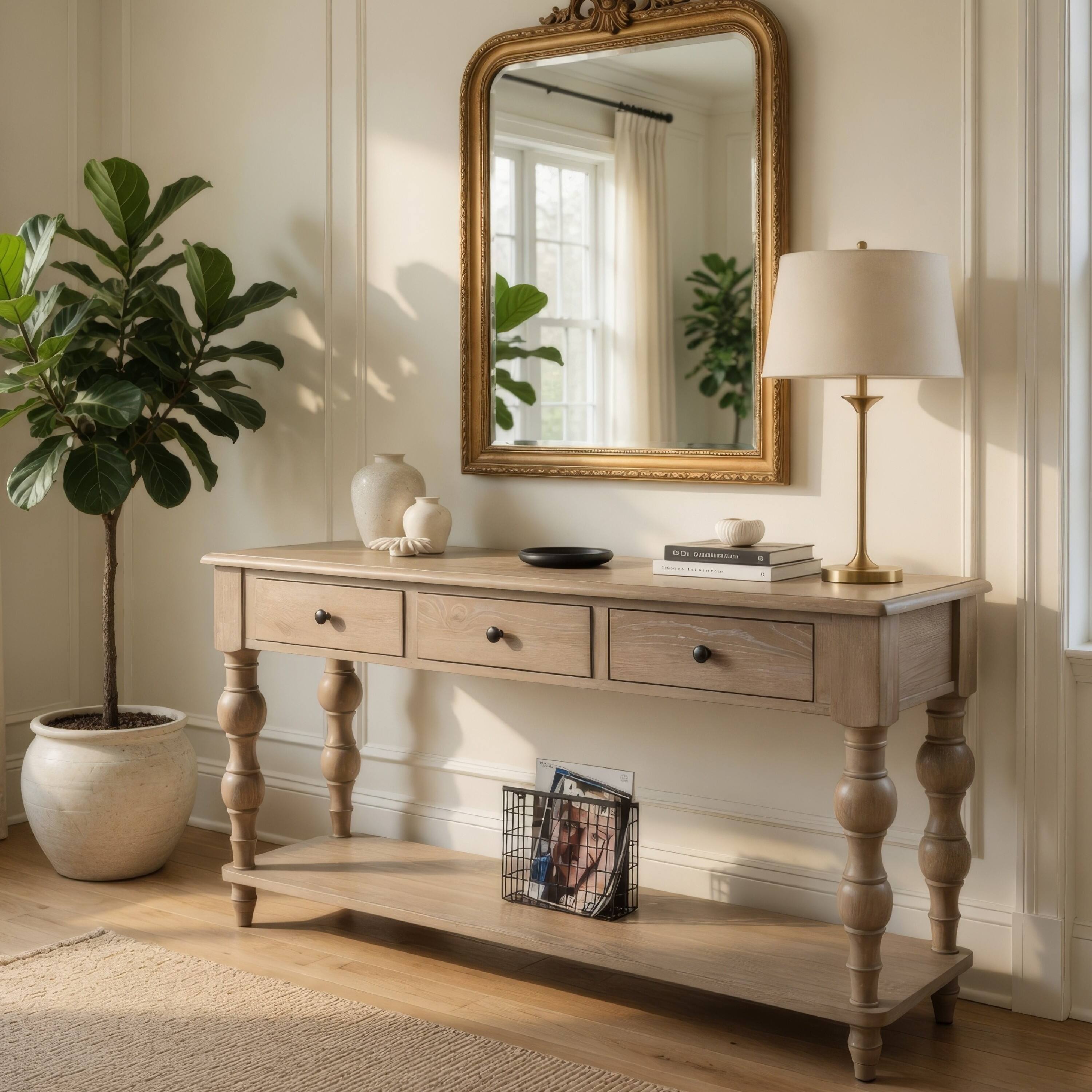 Alt View 6. Manhattan Lane - Cherie Sofa Table, 3 Drawers, Shelf, Light White Washed Wood, 64 Inch - White Wash Brown, Black.