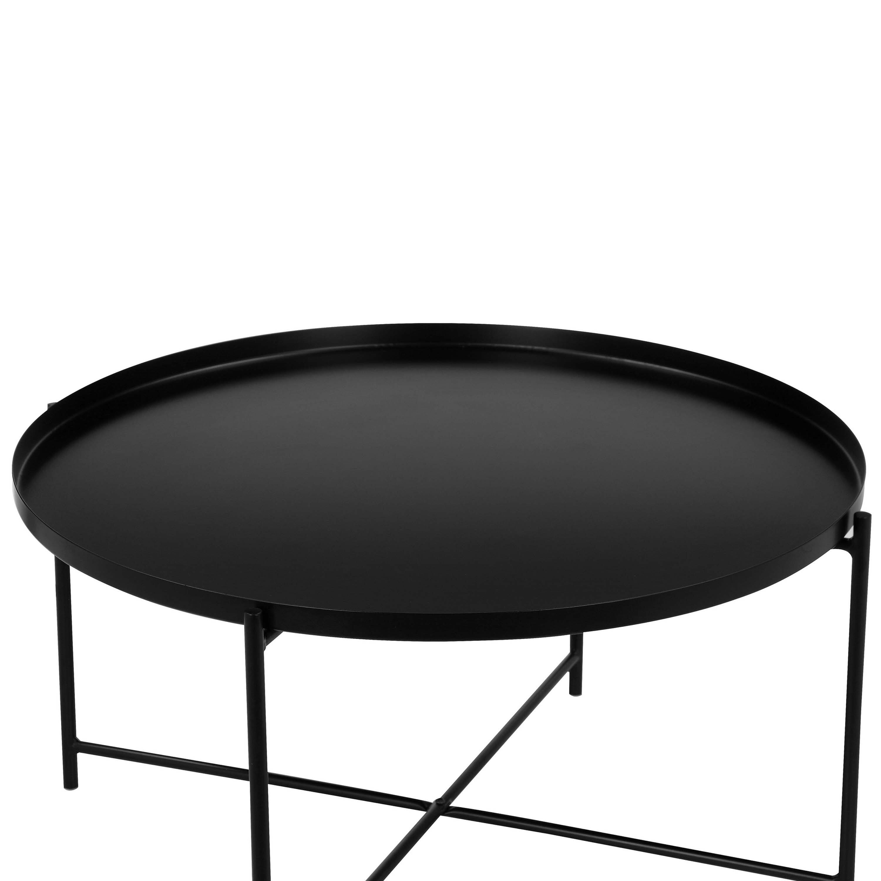 Back. Manhattan Lane - Ely 33 Inch Coffee Table, Round Tray Top, Cross Base, Metal Finish - Black.