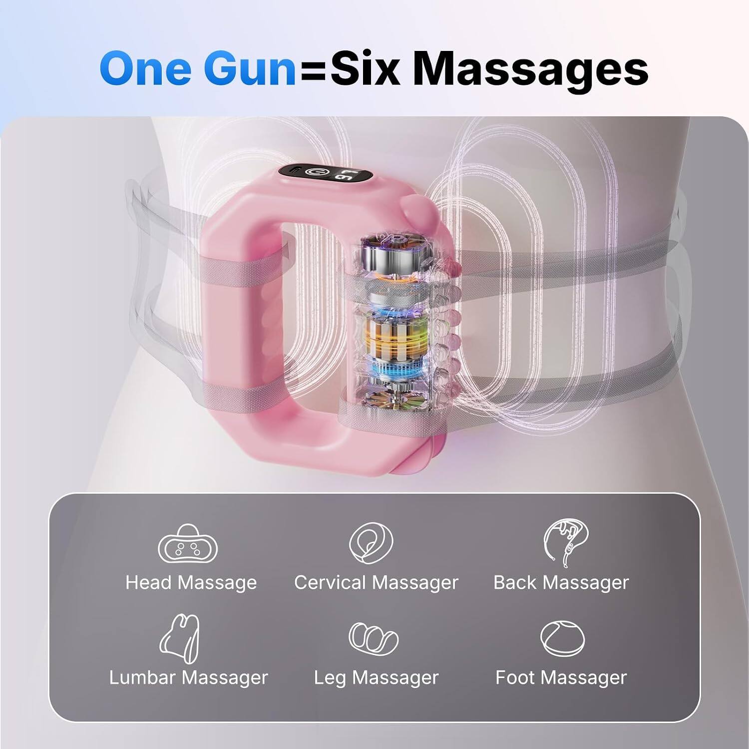 One Gun=Six Massages

L6
Head Massage
Cervical Massager
Back Massager
Lumbar Massager
Leg Massager
Foot Massager