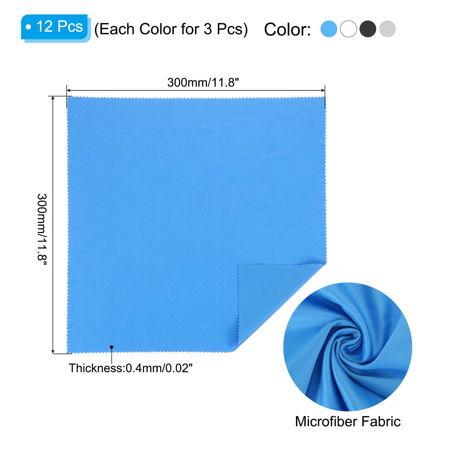 12 Pcs (Each Color for 3 Pcs)  
Color:  
300mm/11.8" x 300mm/11.8"  
Thickness: 0.4mm/0.02"  
Microfiber Fabric