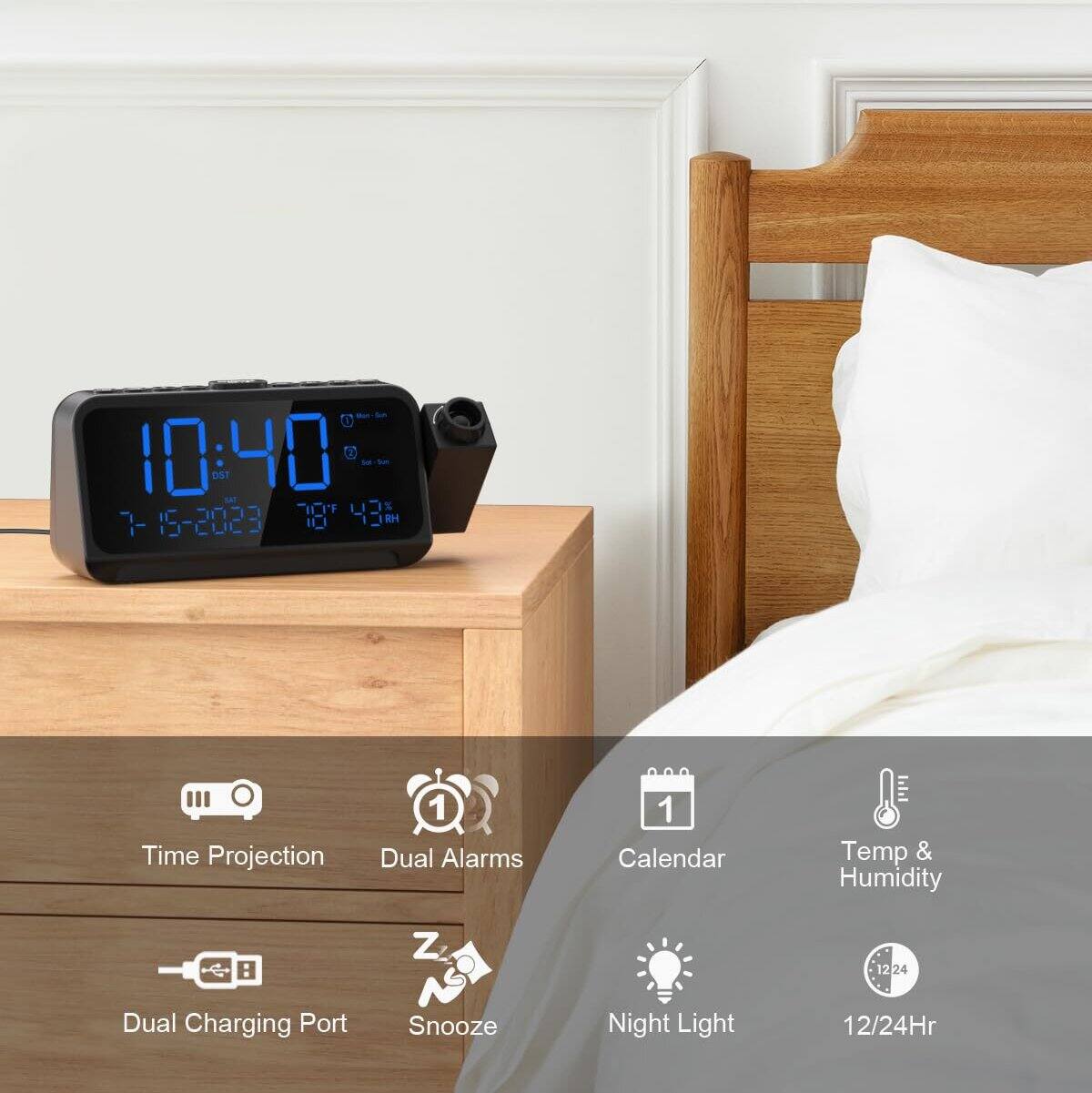 - Time Projection
- Dual Alarms
- Calendar
- Temp & Humidity
- Dual Charging Port
- Snooze
- Night Light
- 12/24Hr