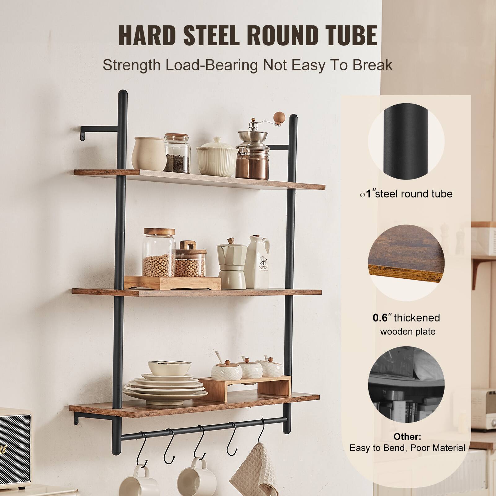 HARD STEEL ROUND TUBE  
Strength Load-Bearing Not Easy To Break  

- 1" steel round tube  
- 0.6" thickened wooden plate  
- Other: Easy to Bend, Poor Material