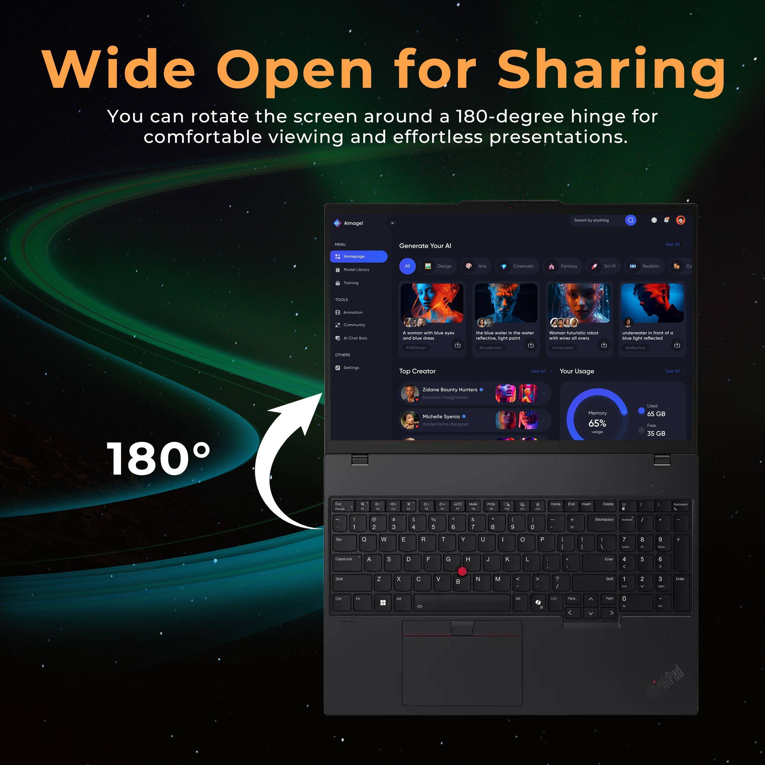 Wide Open for Sharing  
You can rotate the screen around a 180-degree hinge for comfortable viewing and effortless presentations.