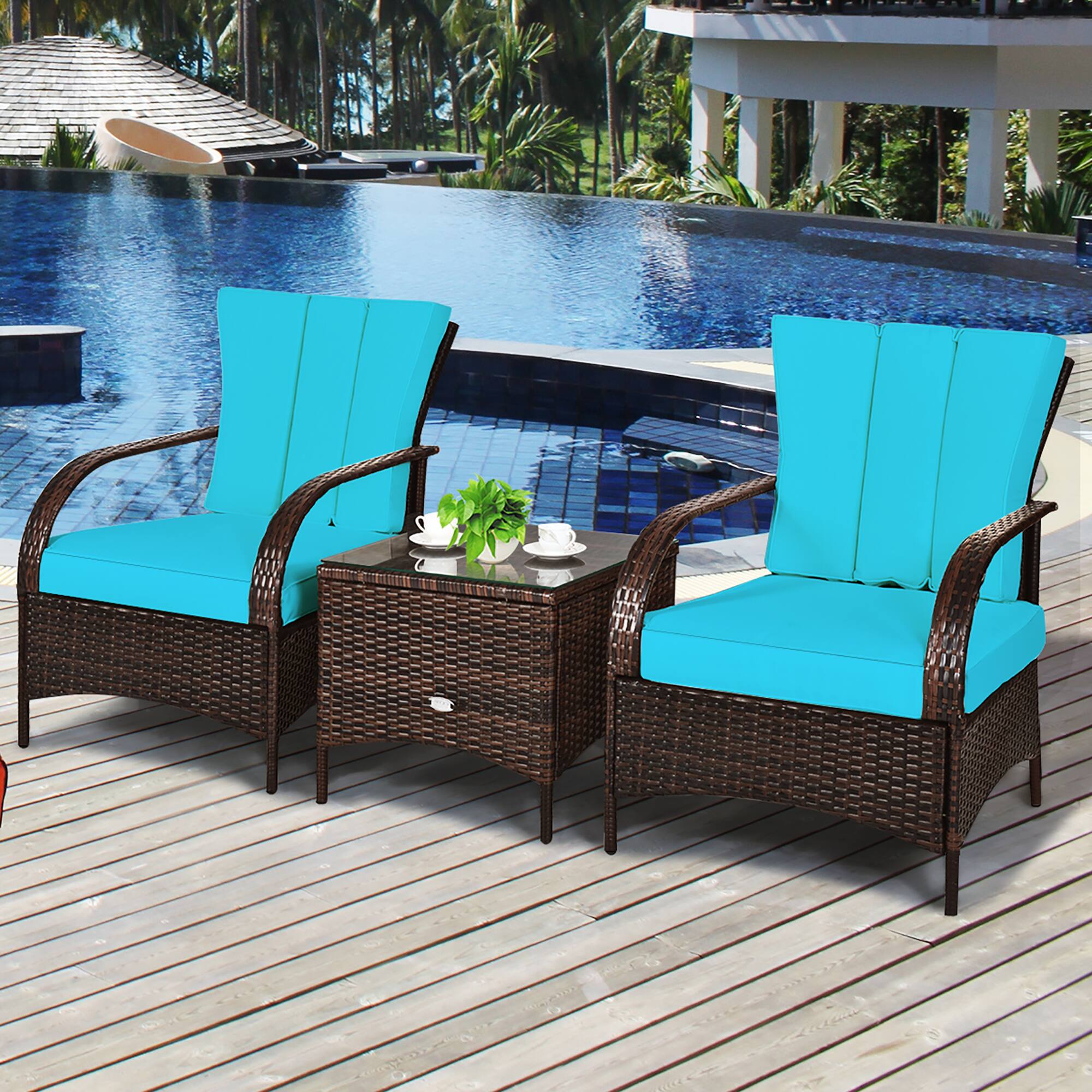 Alt View 4. Costway - 3 PCS Patio Wicker Rattan Furniture Set Coffee Table & 2 Rattan Chair W/Cushions - Turquoise.