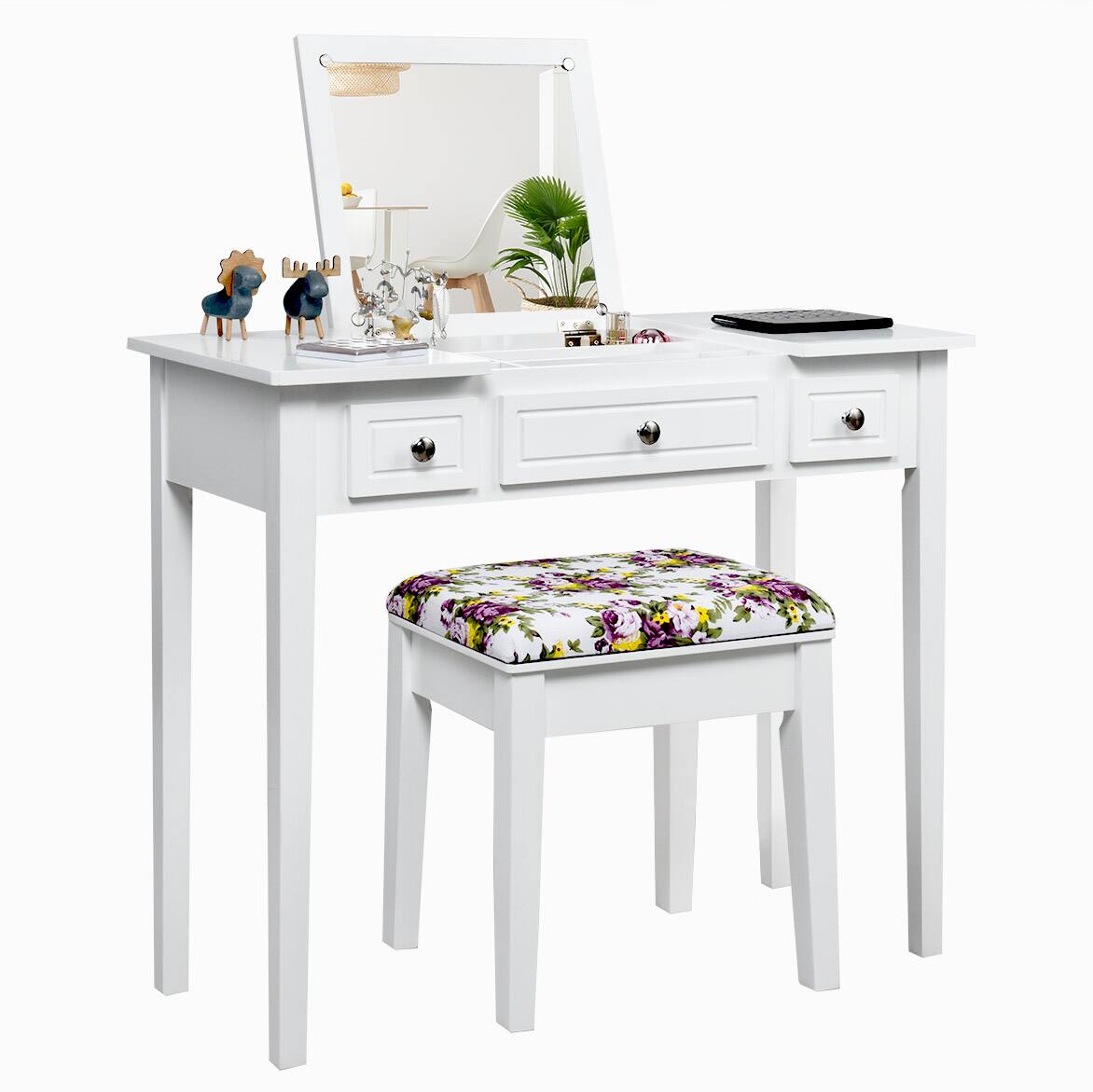Front. Costway - Costway Vanity Dressing Table Flip Top 7 Compartments Makeup Desk - White.