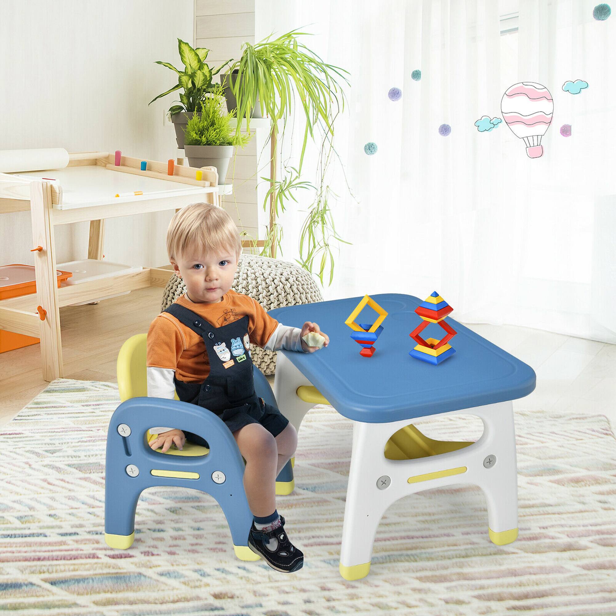 Alt View 4. Gymax - Gymax Kids Dinosaur Table and Chair Set Activity Study Desk w/ Building Blocks - Blue,Yellow.