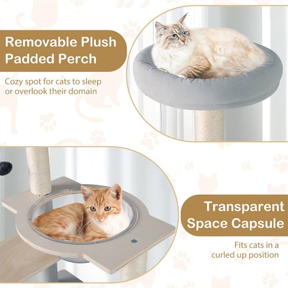 Removable Plush Padded Perch  
Cozy spot for cats to sleep or overlook their domain  

Transparent Space Capsule  
Fits cats in a curled up position