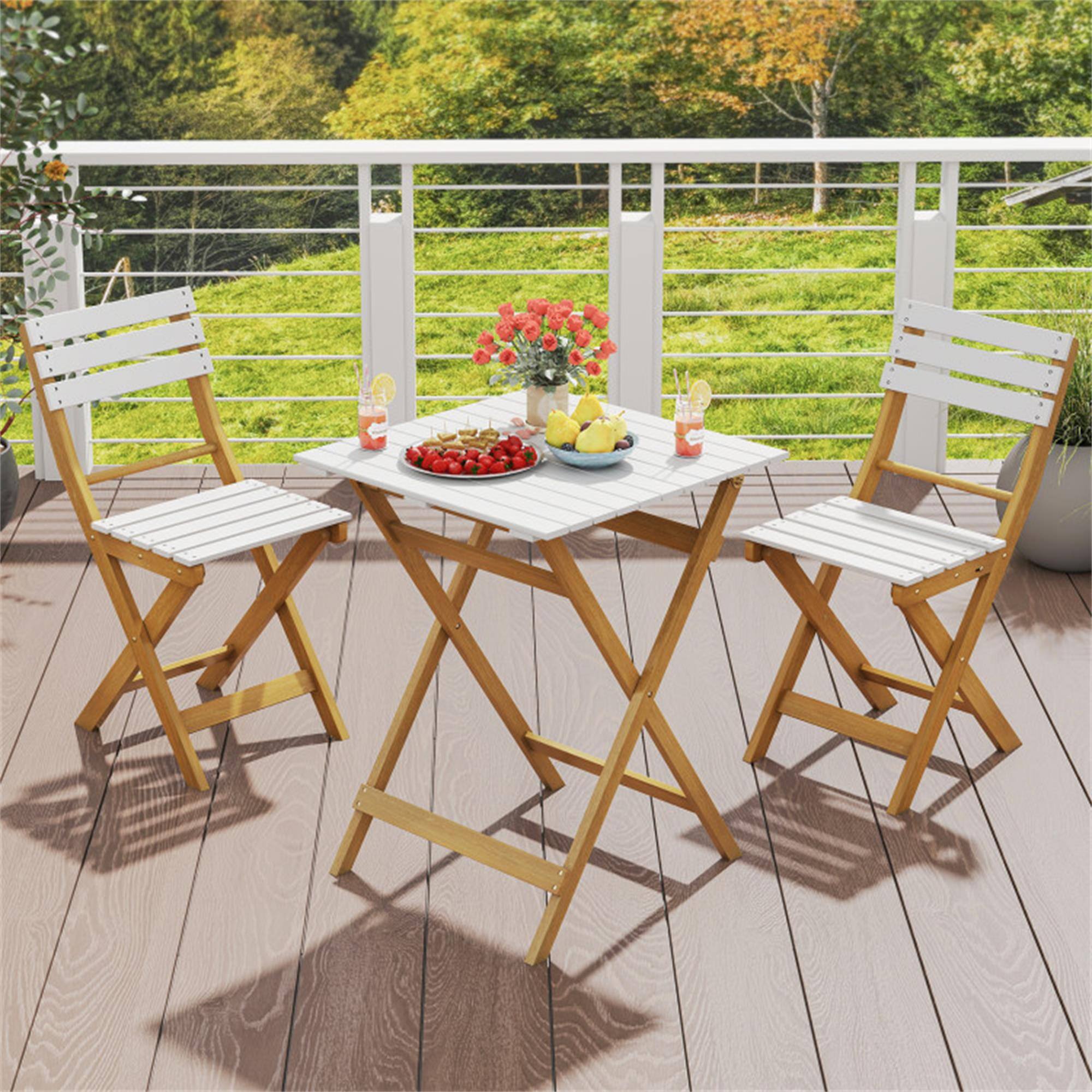 Alt View 2. Boyel Living - White 3 Piece Folding Patio Bistro Set with Foldable Design Acacia Wood Porch Chairs and 32-in L x 20-in W x 15-in H - White.