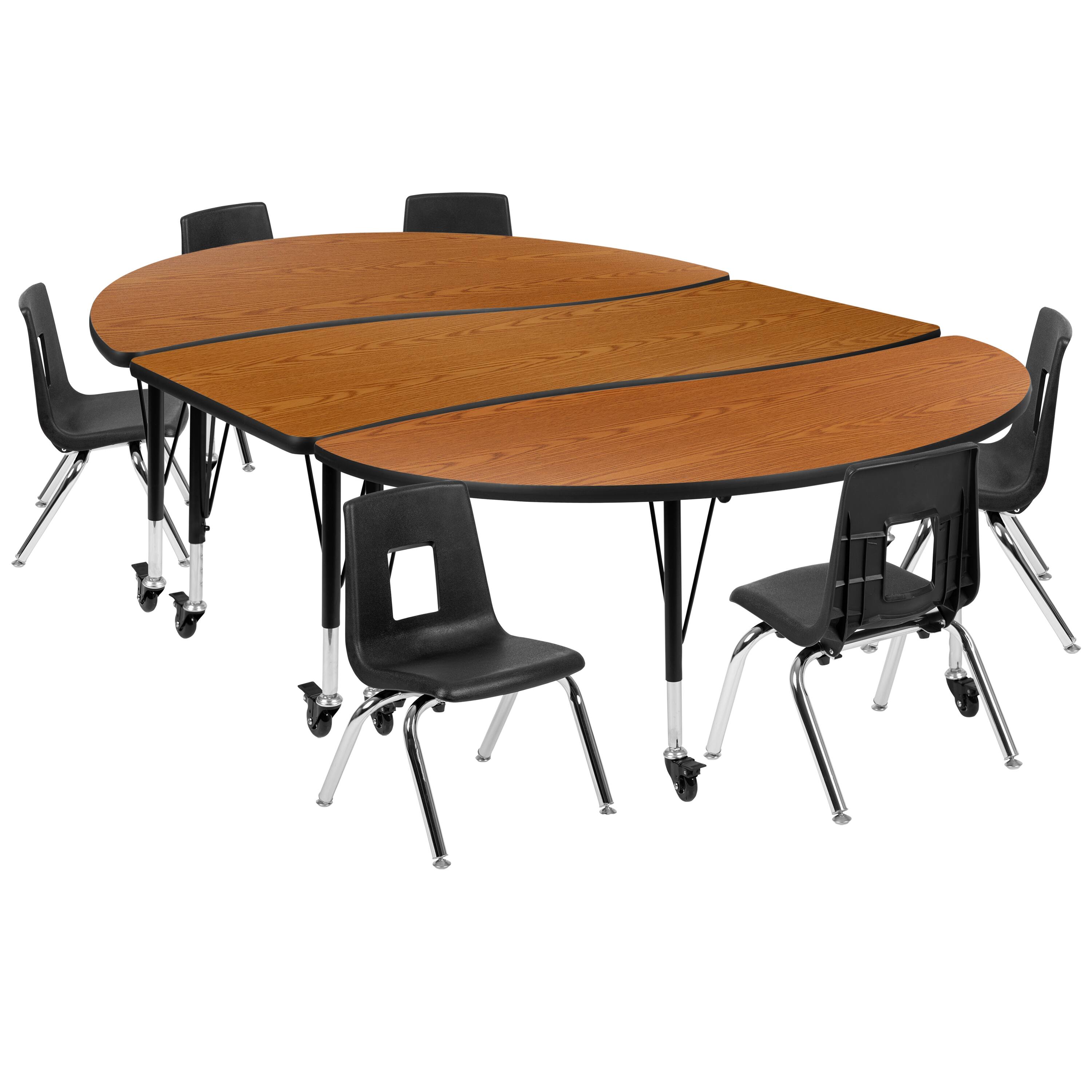 Alt View 1. Emma + Oliver - Mobile 86" Oval Wave Collaborative Laminate Activity Table Set with 12" Student Stack Chairs, Grey/Black - Oak.