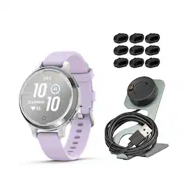 Garmin - Lily 2 Active GPS Smartwatch (Silver/ Purple Jasmine) Bundle with Charger Stand and Port Plugs - Black - (2025)