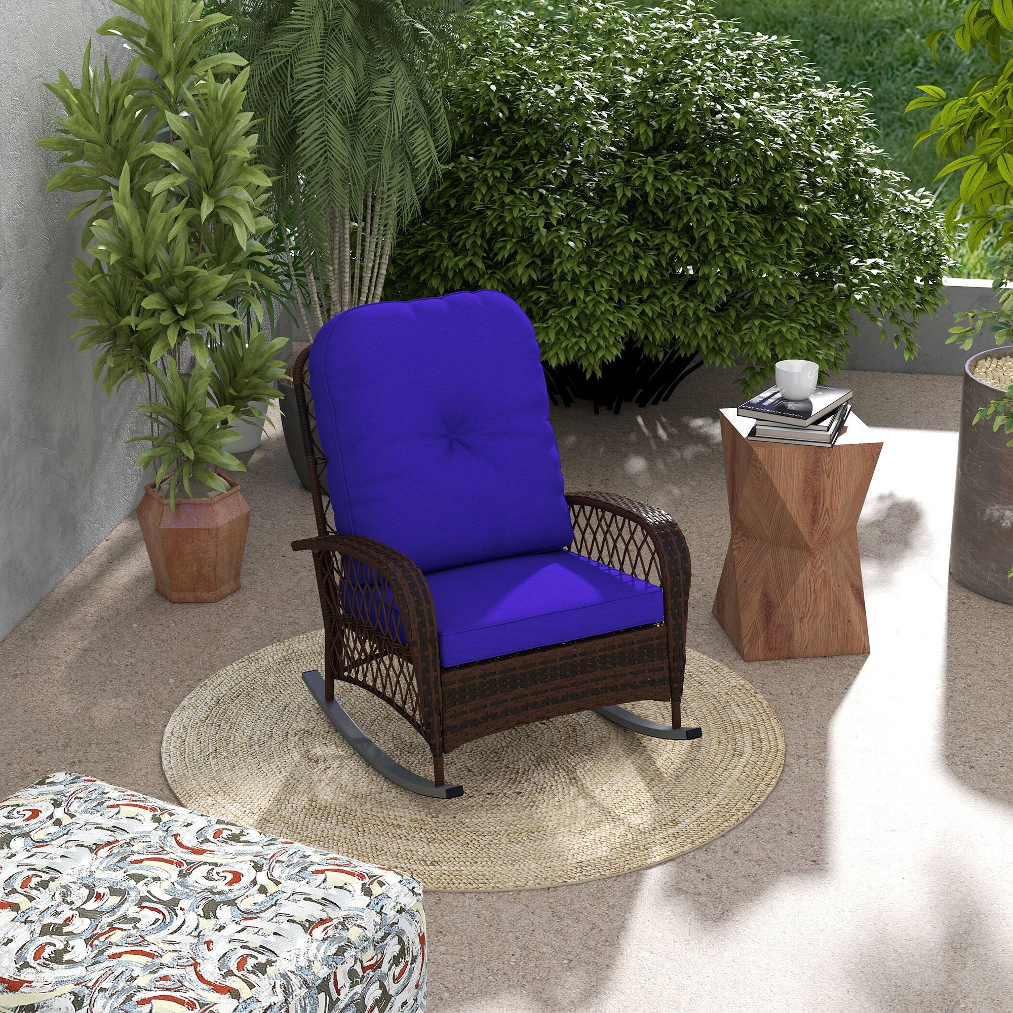 Alt View 1. Outsunny - Outdoor Wicker Rocking Chair with Wide Seat, Thickened Cushion, Rattan Rocker with Steel Frame - Dark Blue.